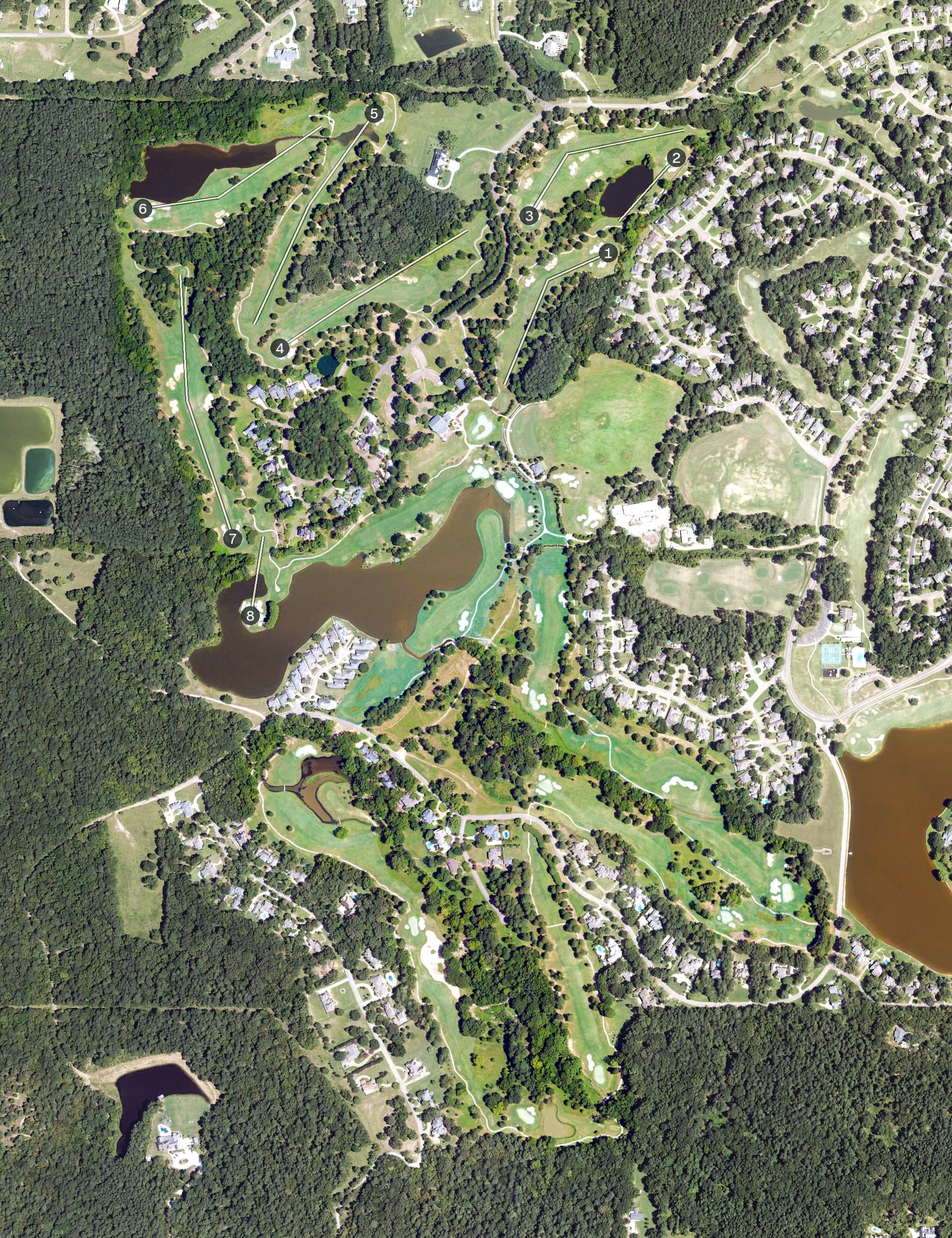 Aerial view of Annandale Golf Club, MS, with its hole routing marked