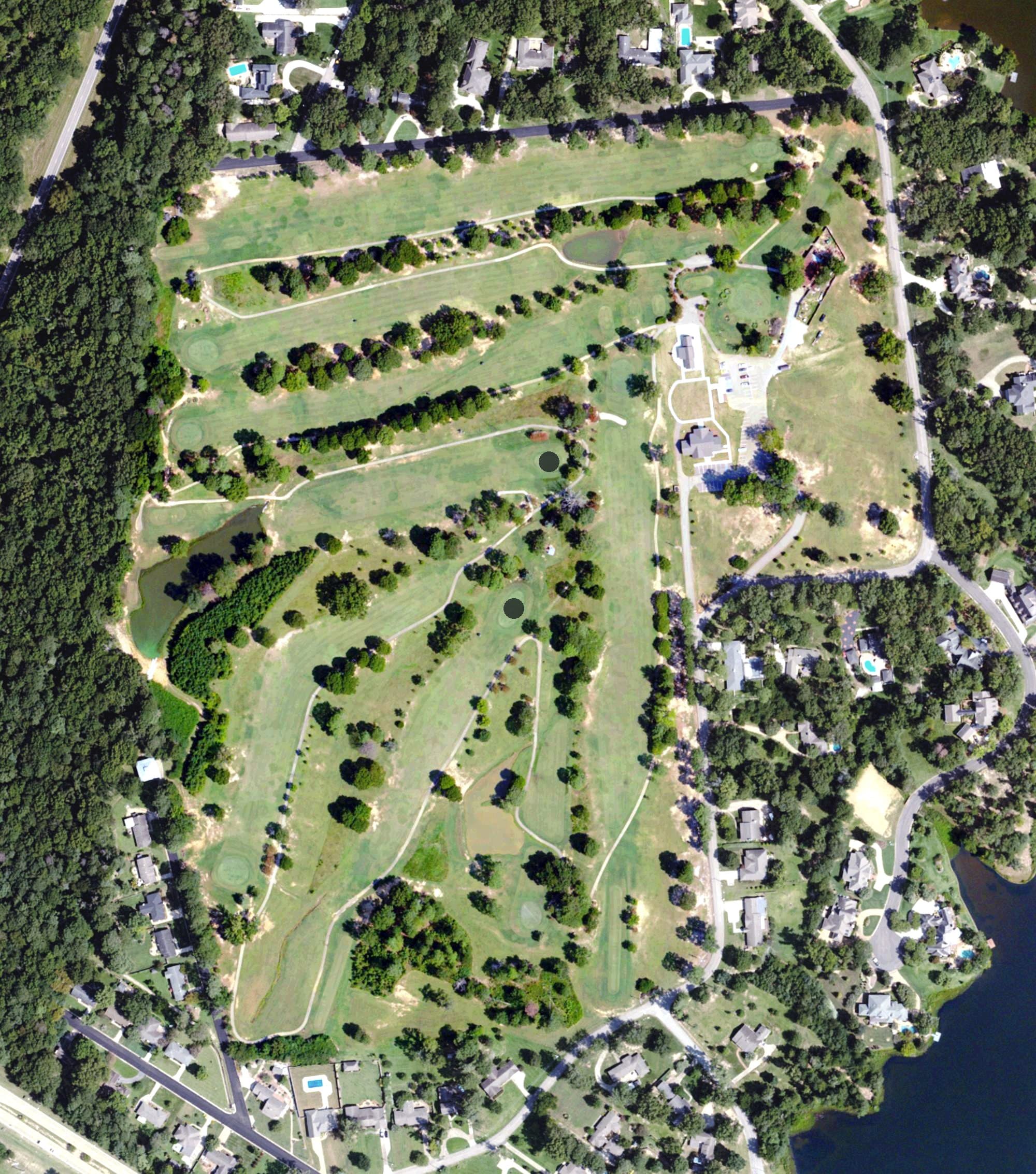 Aerial view of Bel-Air Golf Course Tupelo, MS, with its hole routing marked