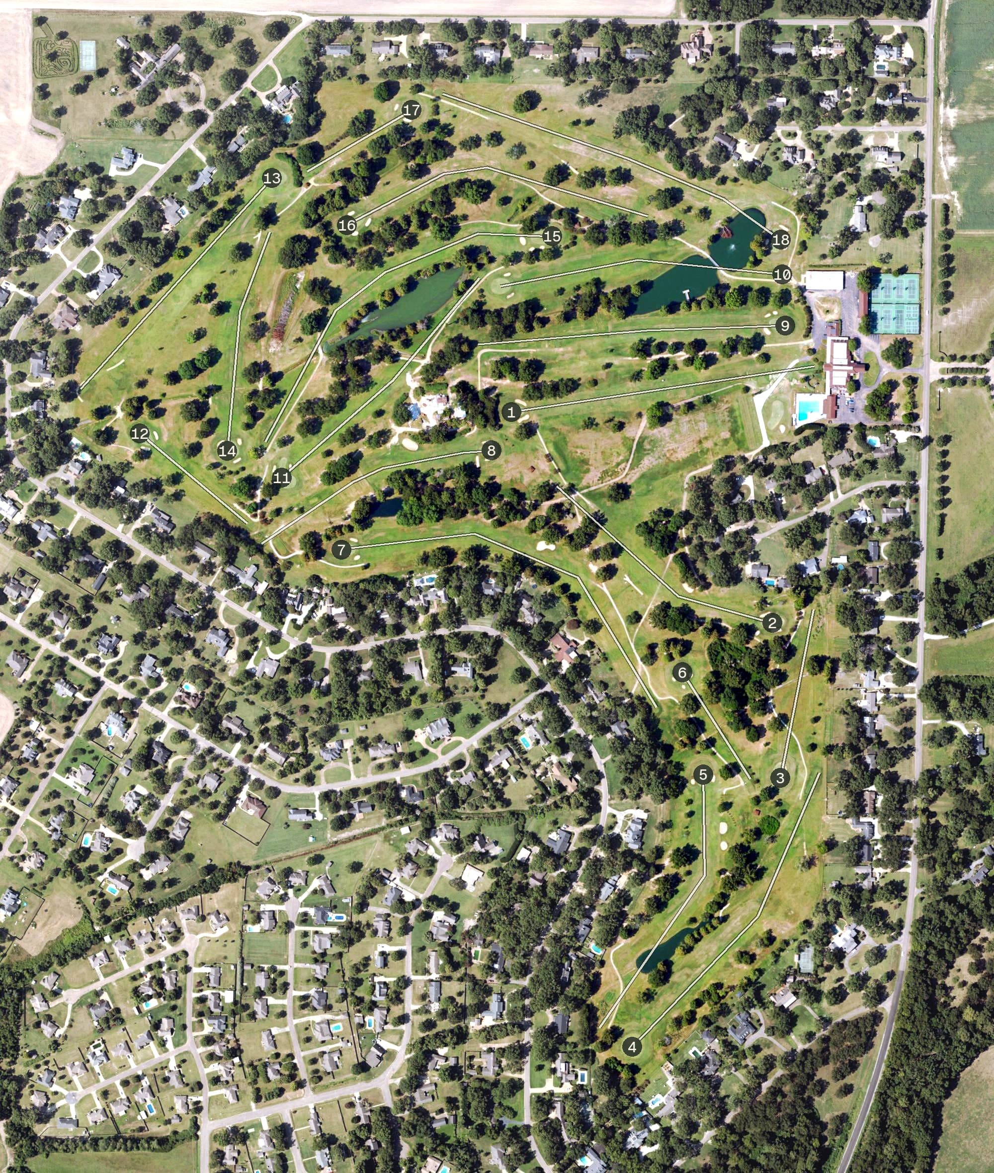 Aerial view of Clarksdale Country Club, MS, with its hole routing marked