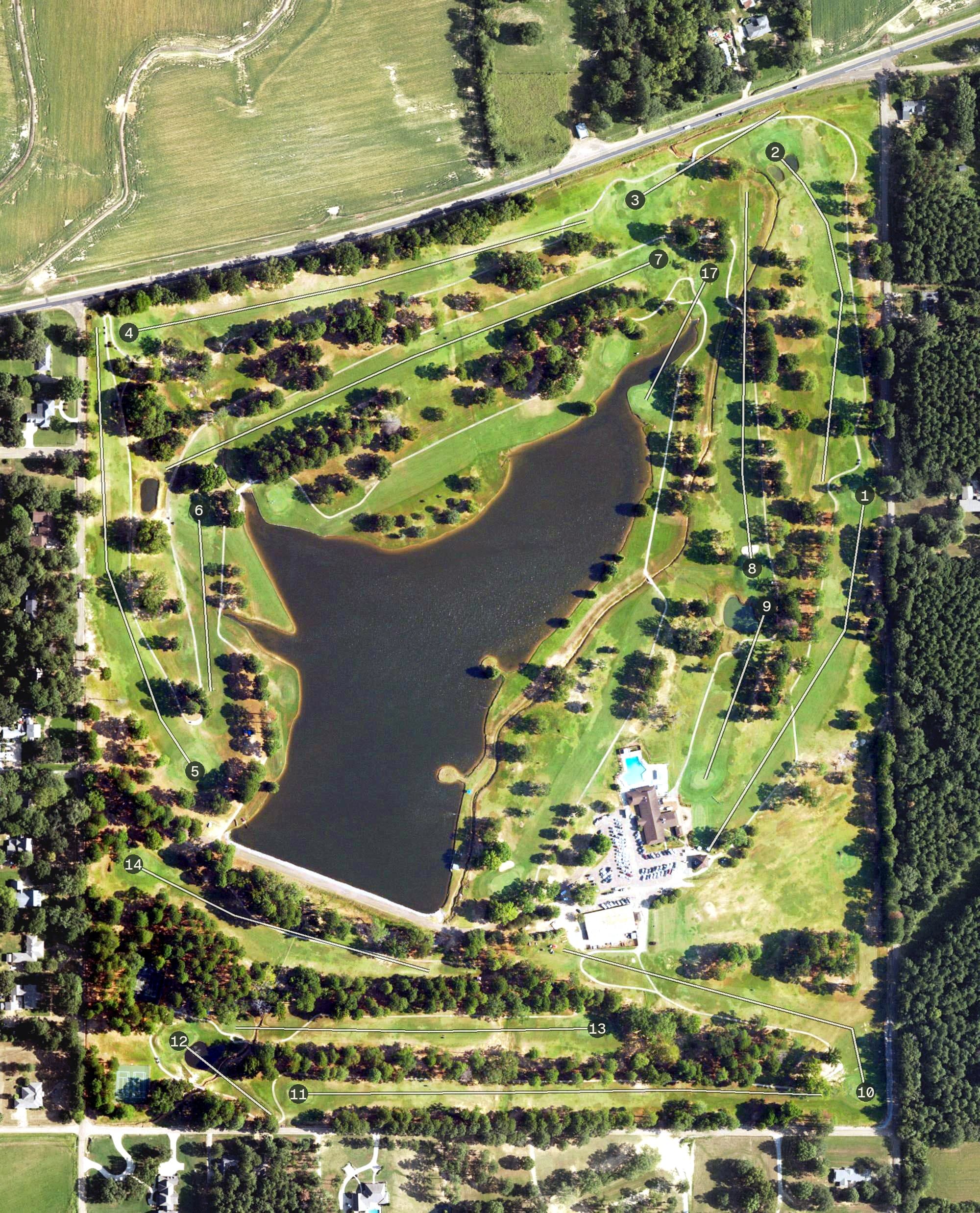 Aerial view of Country Club of Canton, MS, with its hole routing marked