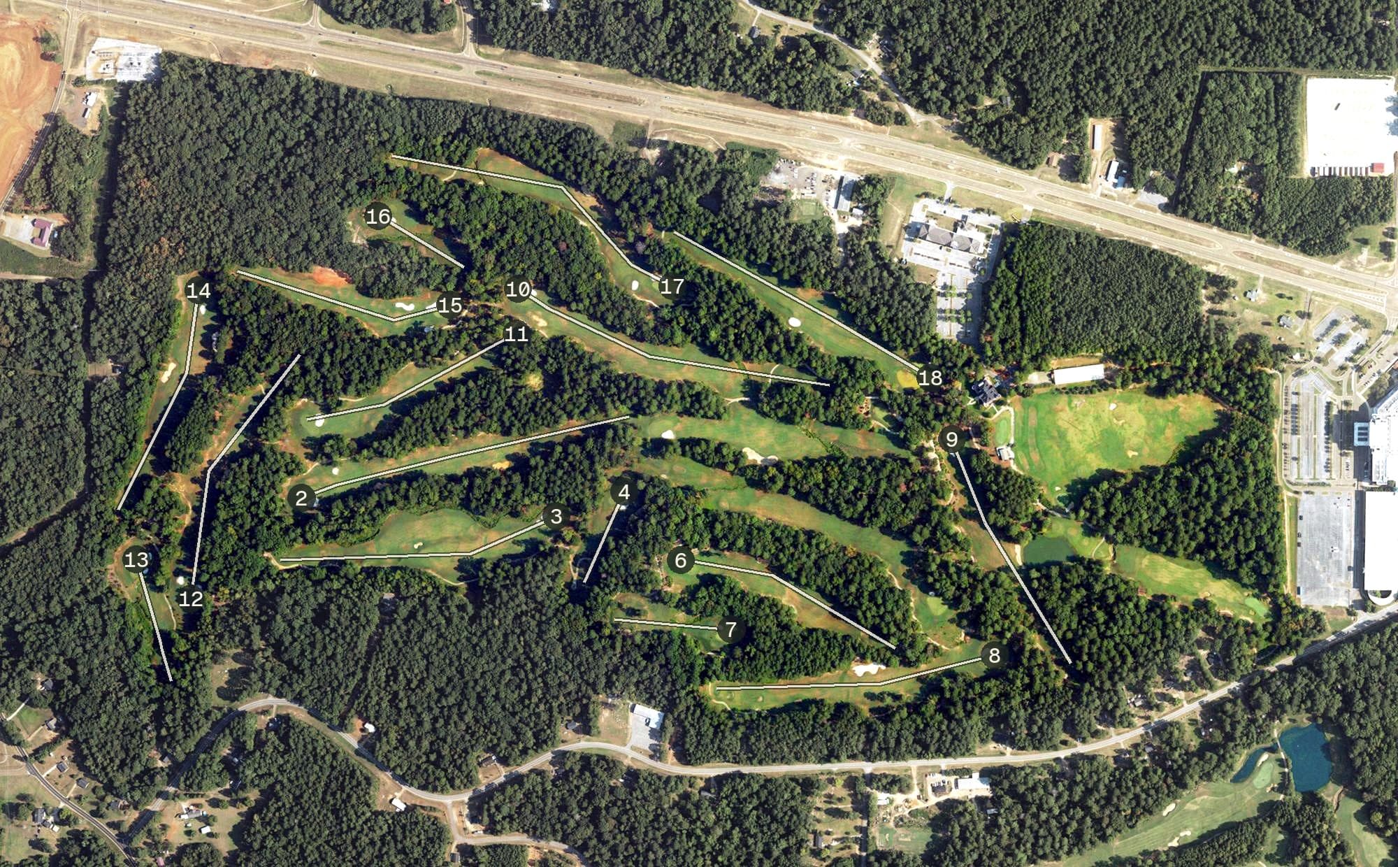 Aerial view of Dancing Rabbit Golf Club, MS, with its hole routing marked