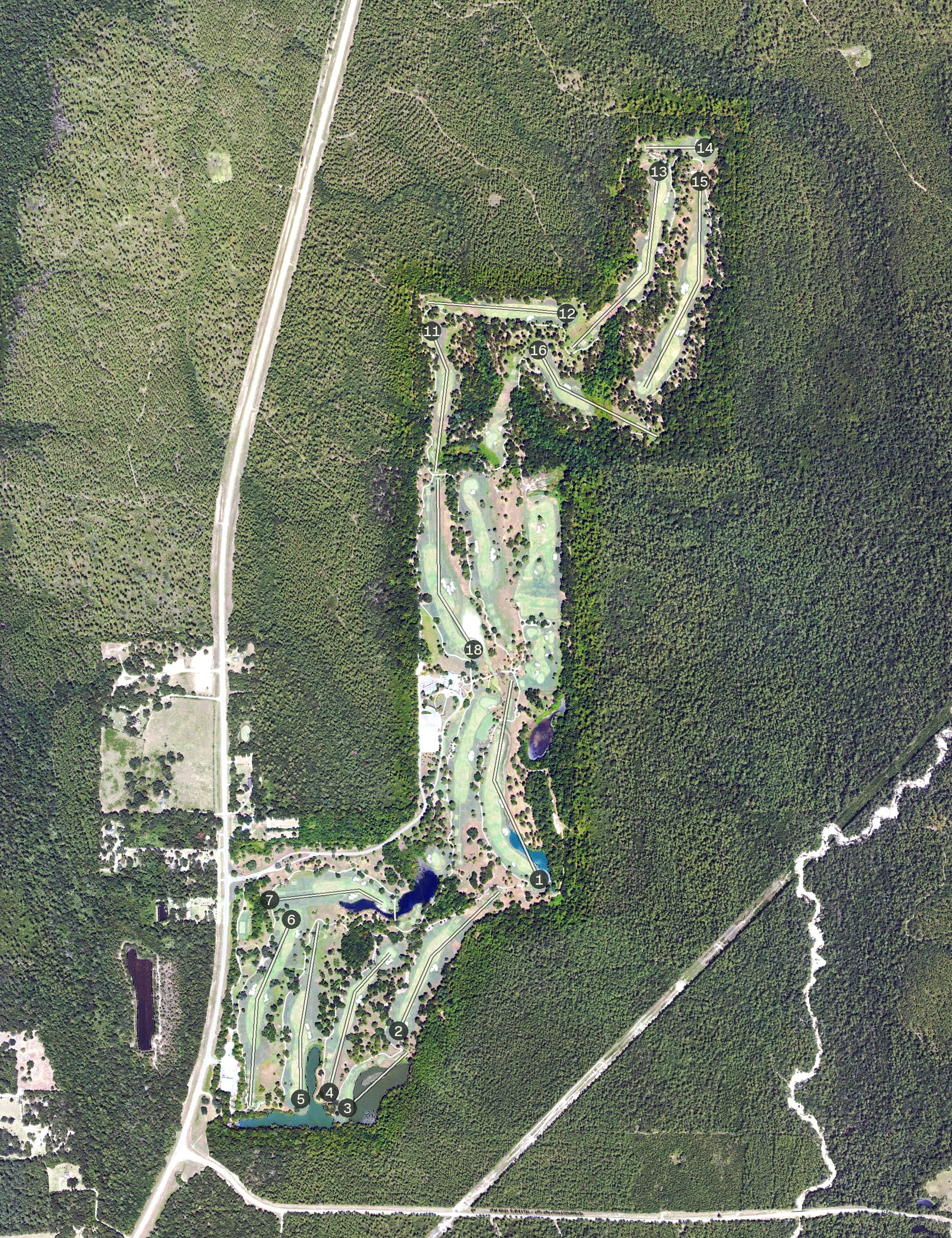 Aerial view of Fallen Oak Golf Course, MS, with its hole routing marked