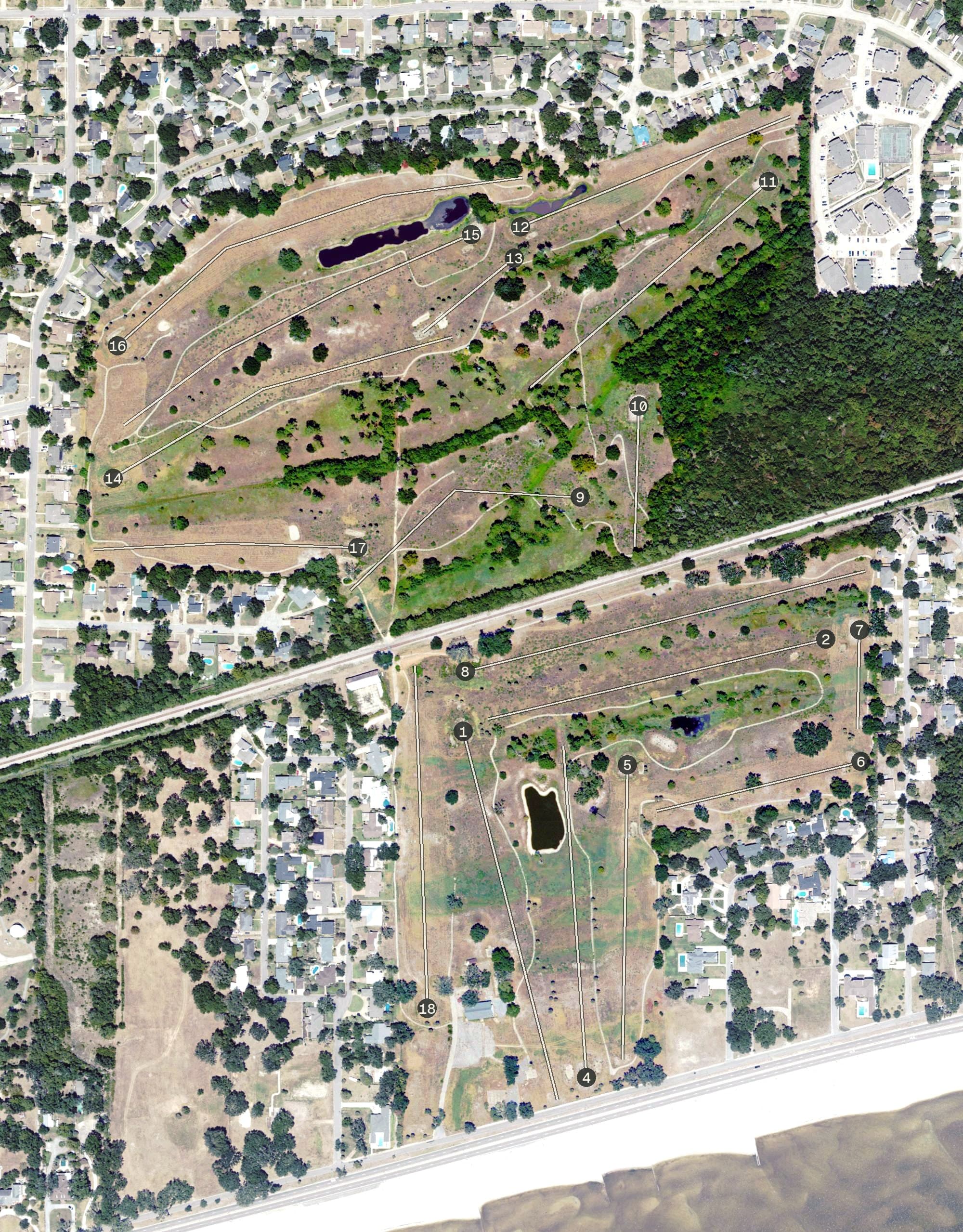 Aerial view of Great Southern Golf Club, MS, with its hole routing marked