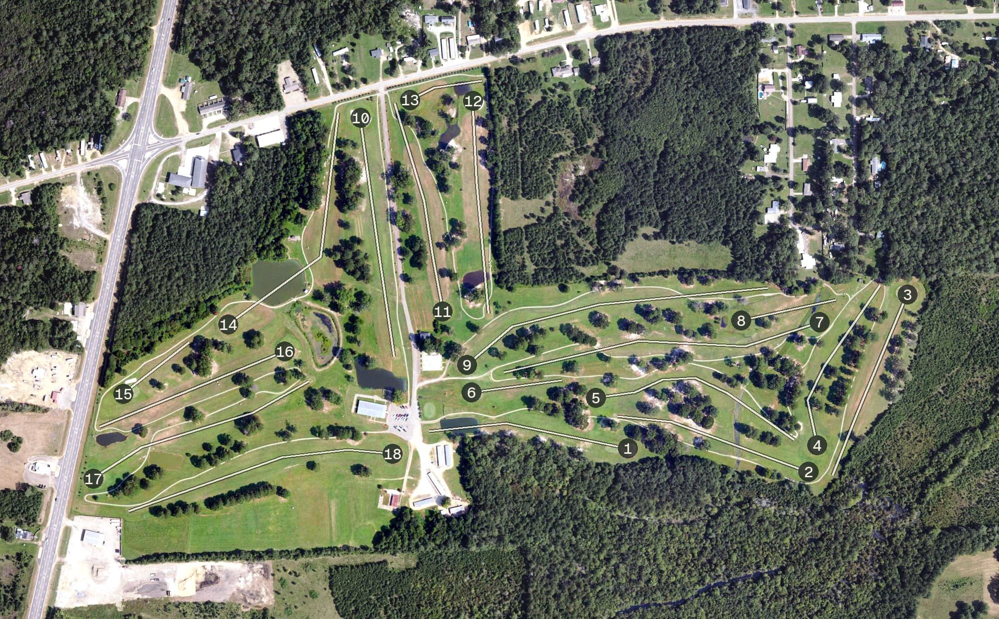 Aerial view of Green Oaks Golf Club, MS, with its hole routing marked