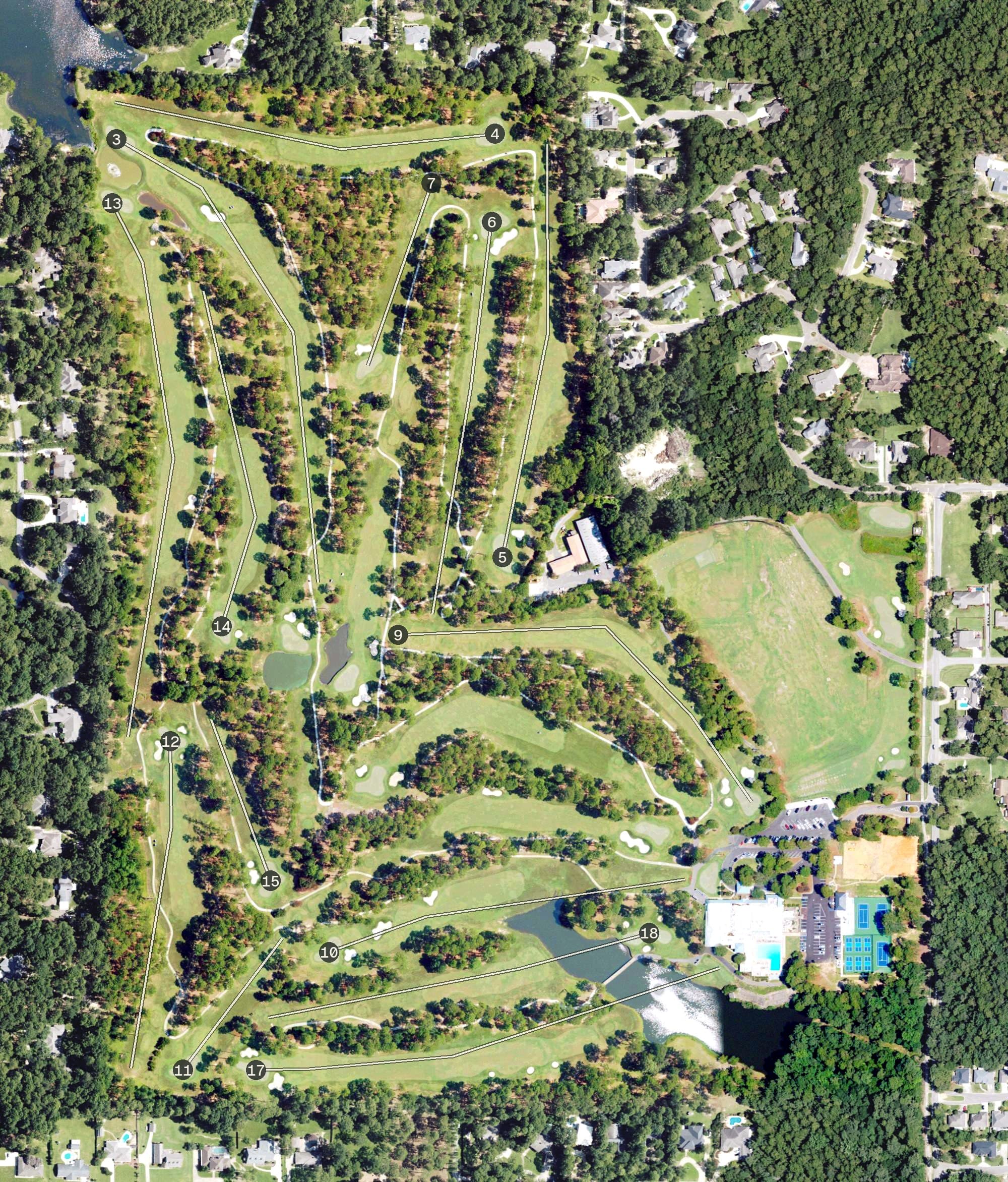 Aerial view of Hattiesburg Country Club, MS, with its hole routing marked