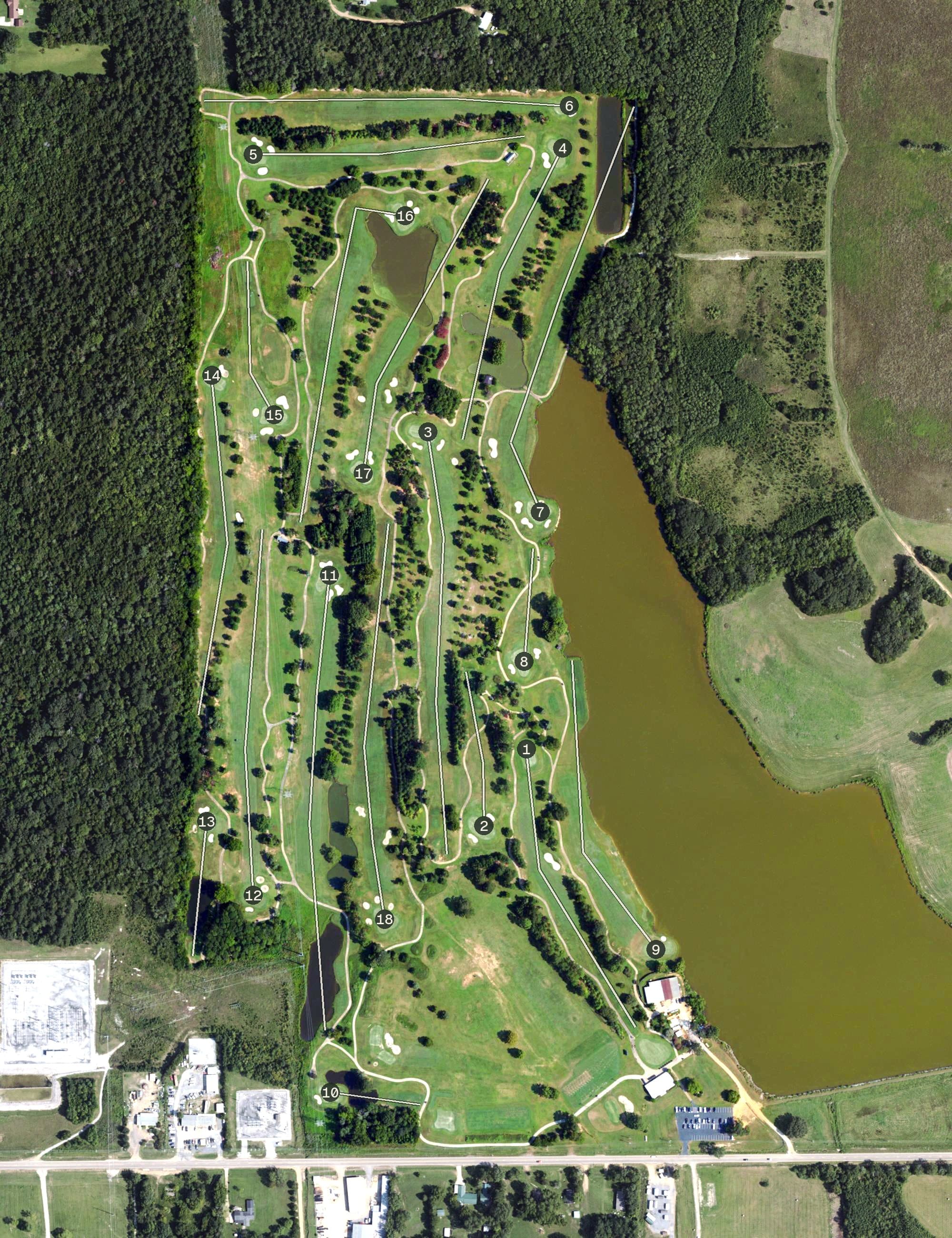 Aerial view of Mississippi State University Golf Course, MS, with its hole routing marked