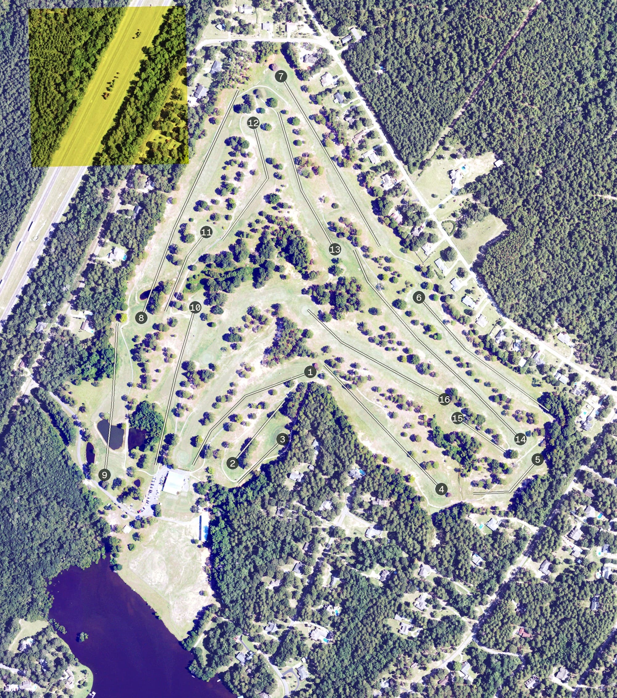 Aerial view of Pine Creek Golf Club, MS, with its hole routing marked