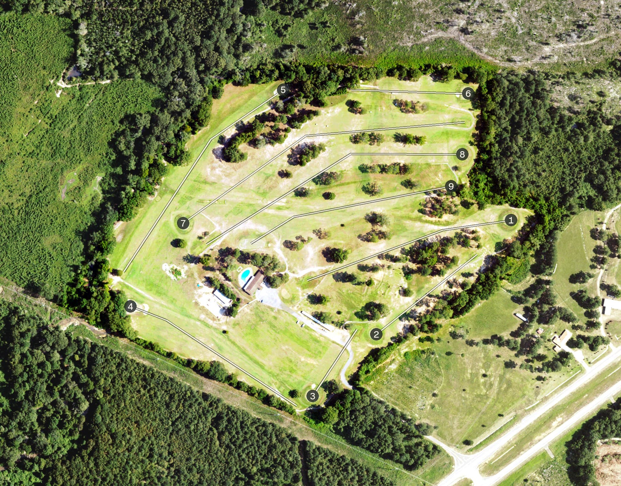 Aerial view of Prentiss Country Club, MS, with its hole routing marked