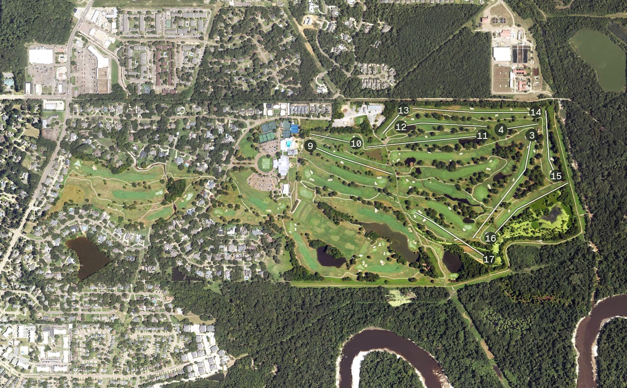 Aerial view of The Country Club of Jackson, MS, with its hole routing marked