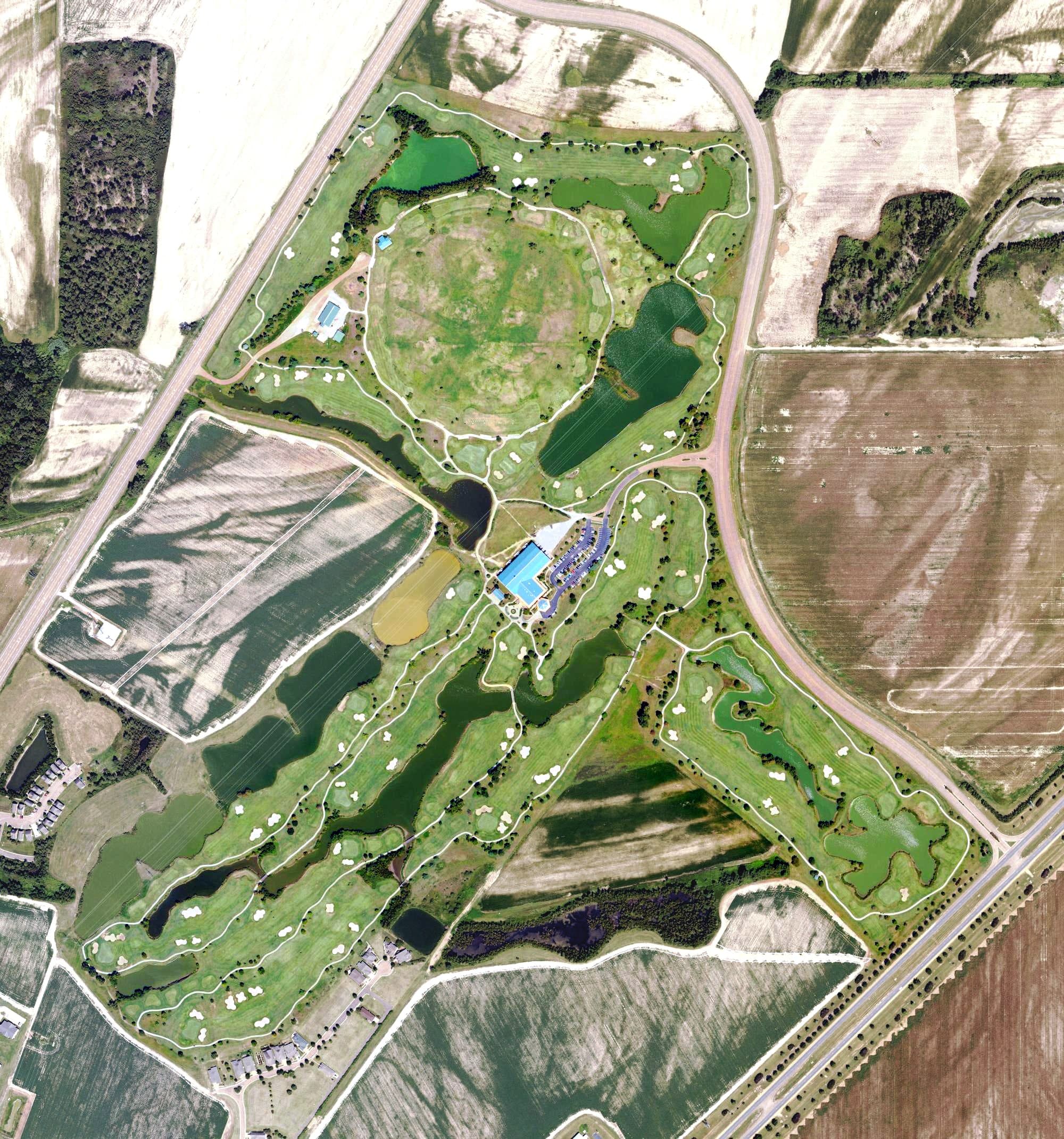 Aerial view of Tunica National Golf & Tennis, MS, with its hole routing marked