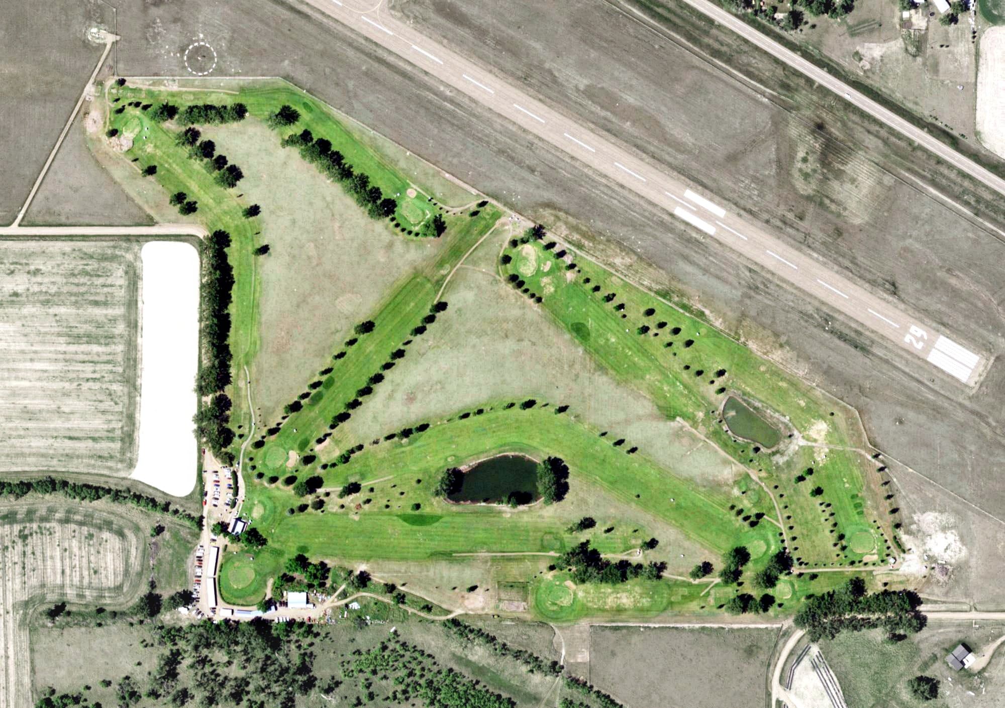 Aerial view of Airport Golf Club, MT, with its hole routing marked