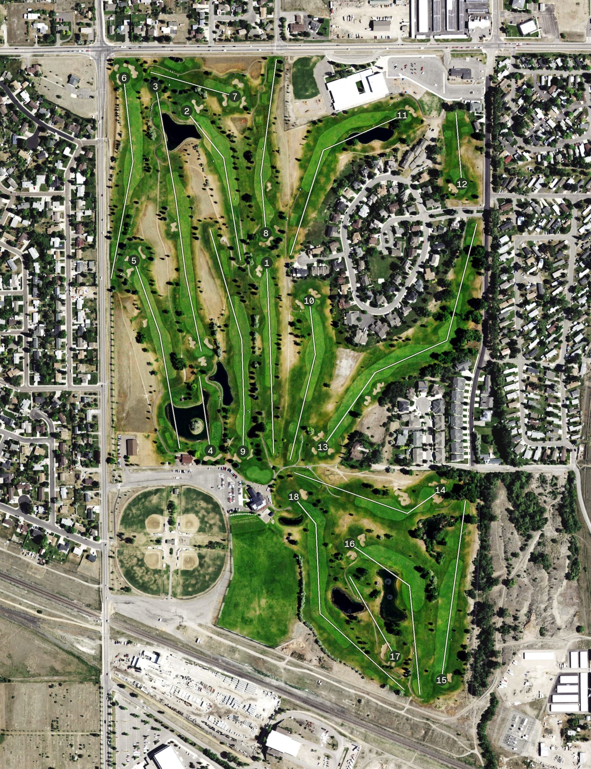 Aerial view of Bill Roberts Municipal Golf Course, MT, with its hole routing marked