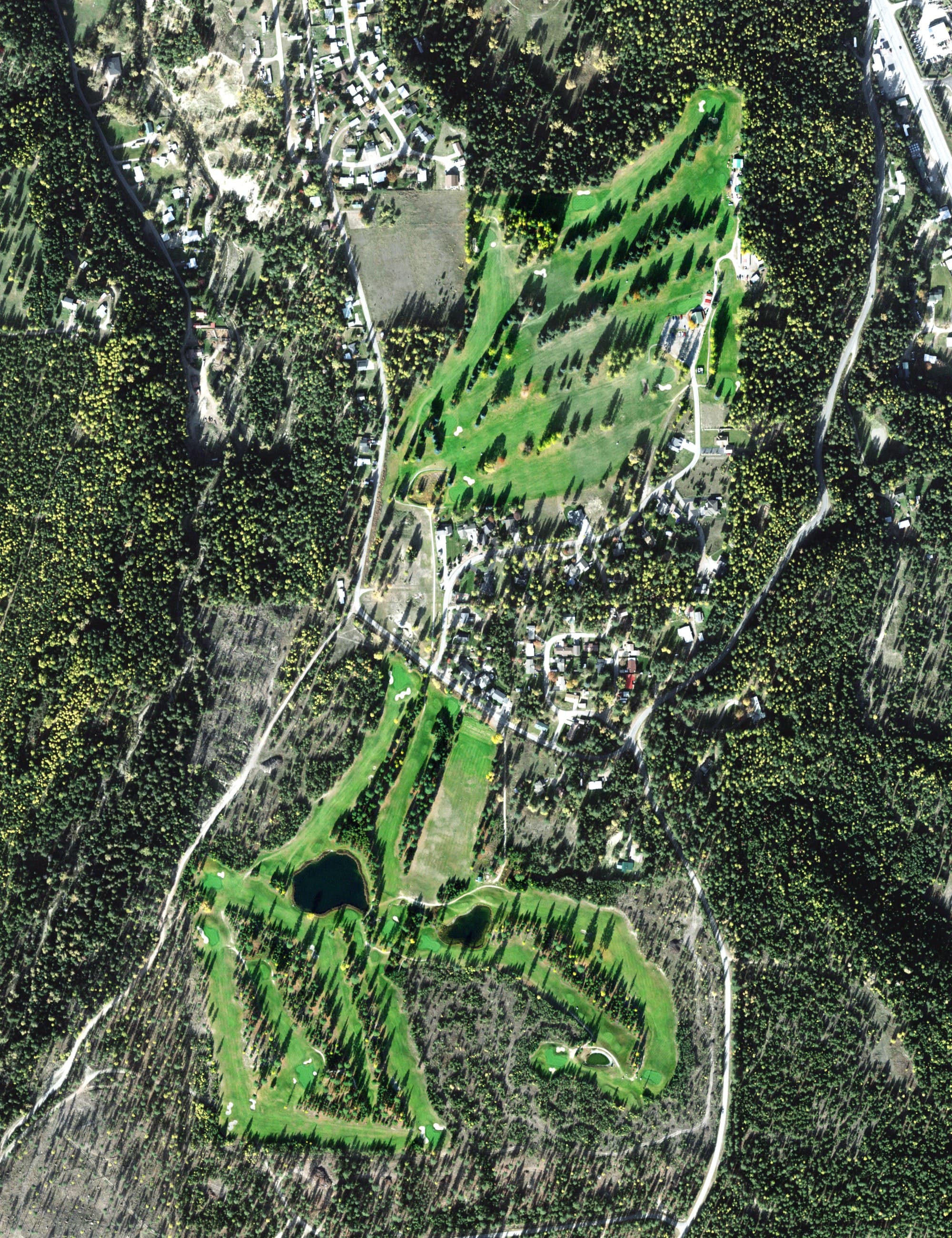 Aerial view of Cabinet View Golf Club, MT, with its hole routing marked