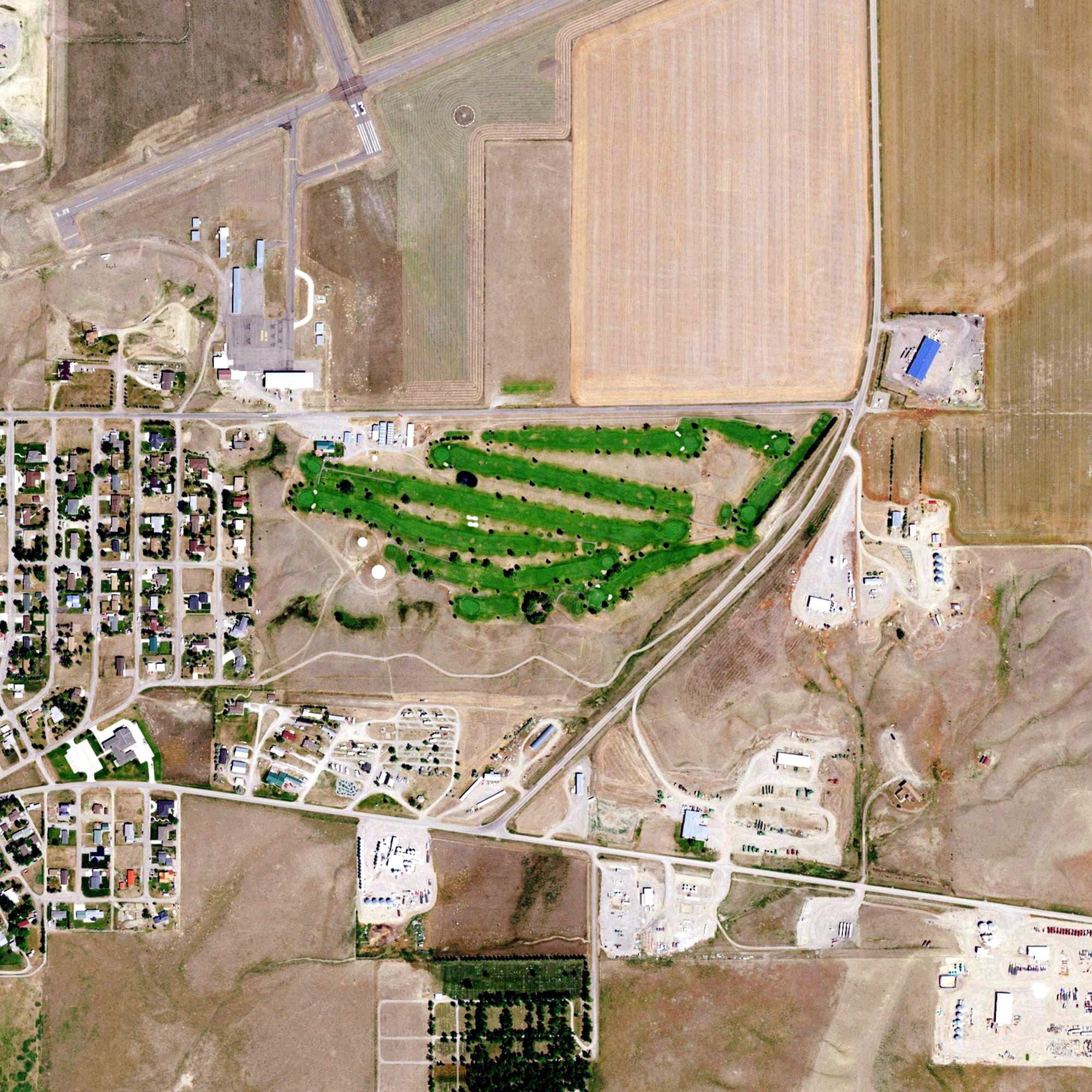 Aerial view of Choteau Country Club, MT, with its hole routing marked
