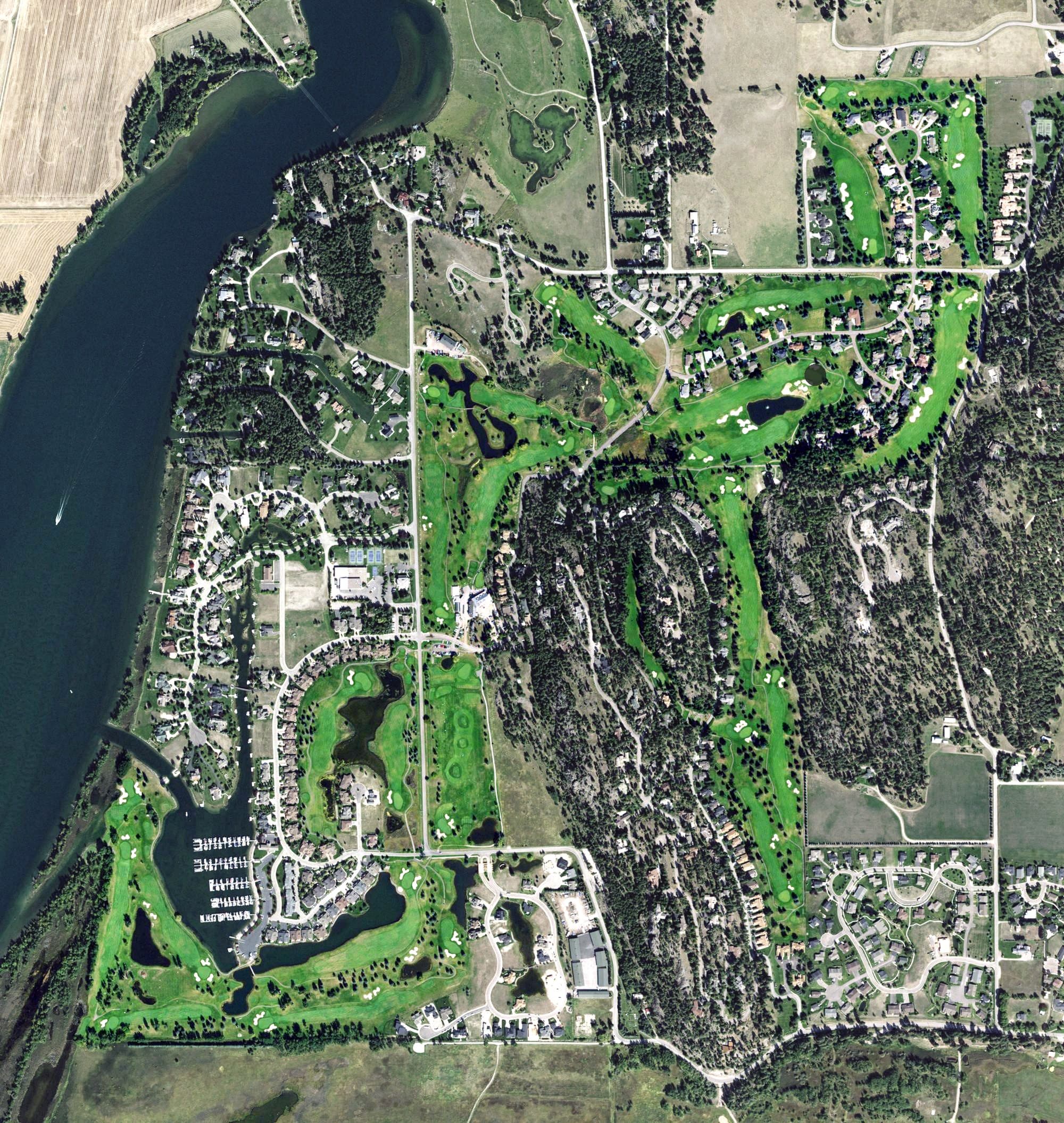 Aerial view of Eagle Bend Golf Club, MT, with its hole routing marked