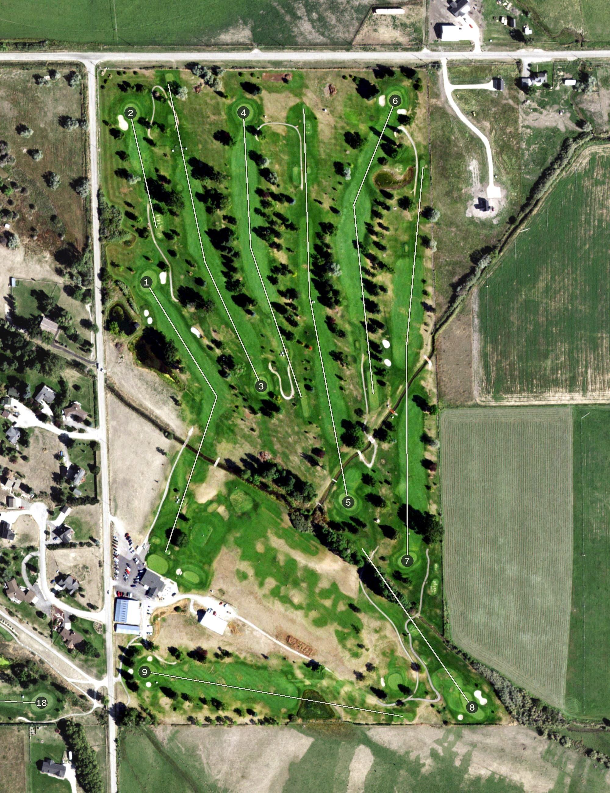 Aerial view of Hamilton Golf Course, MT, with its hole routing marked