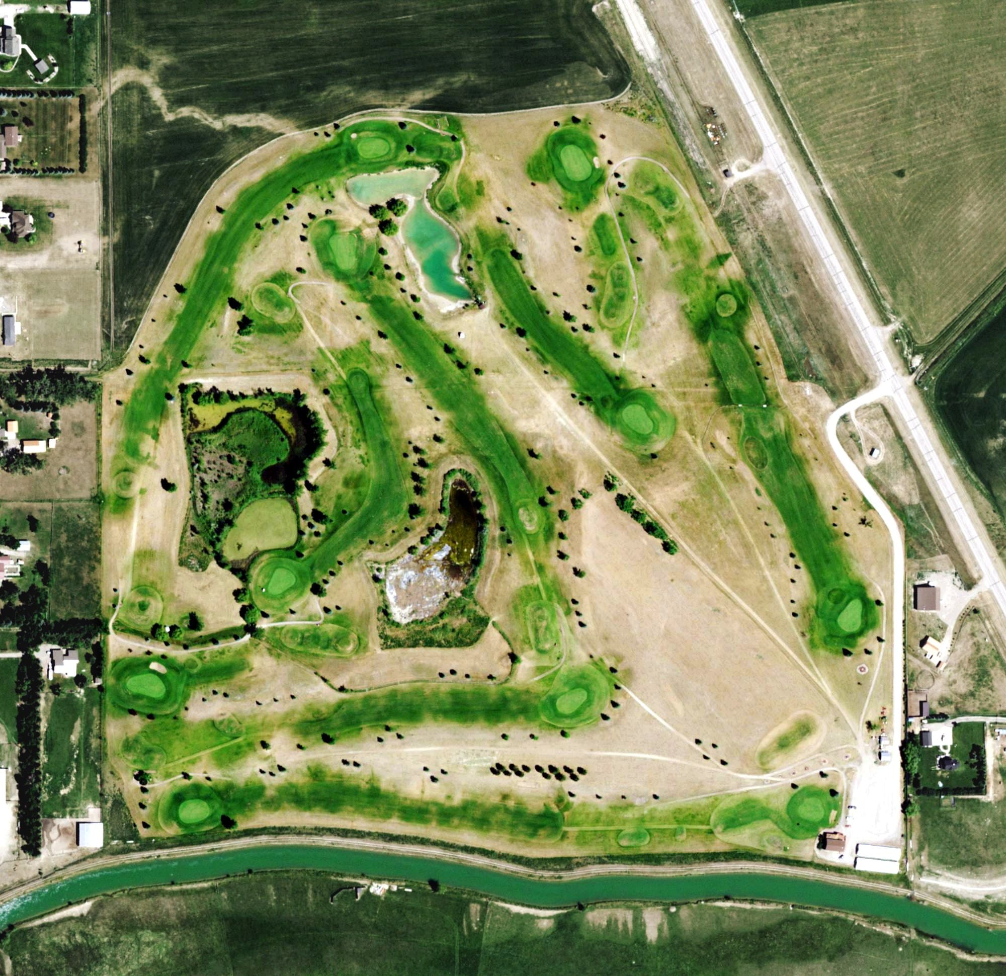 Aerial view of Harvest Hills Golf Course, MT, with its hole routing marked
