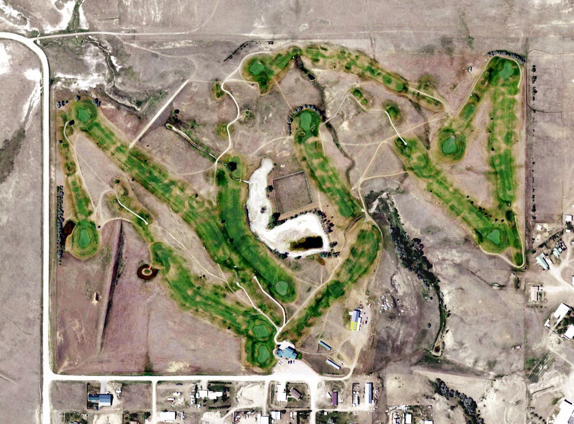 Aerial view of Jawbone Creek Country Club, MT, with its hole routing marked