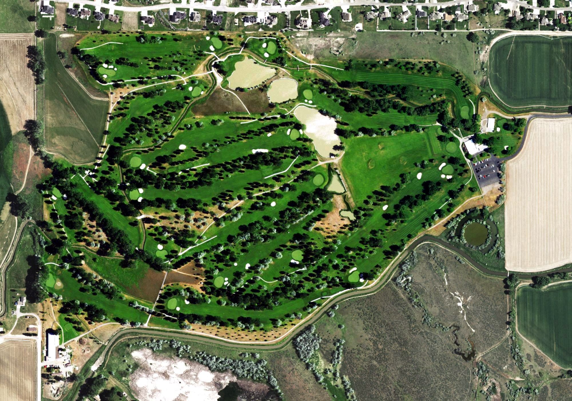 Aerial view of Laurel Golf Club, MT, with its hole routing marked
