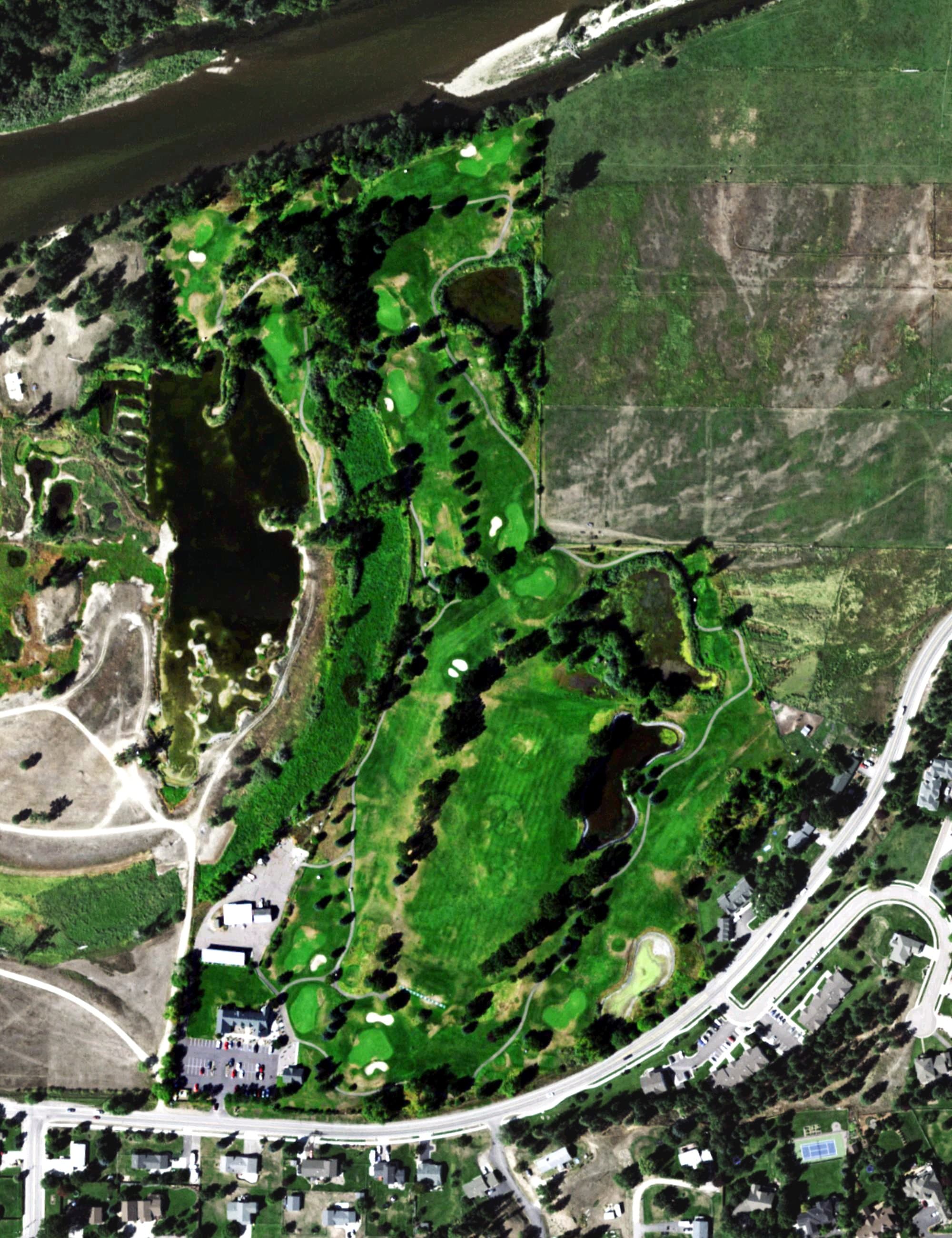 Aerial view of Linda Vista Golf Course, MT, with its hole routing marked