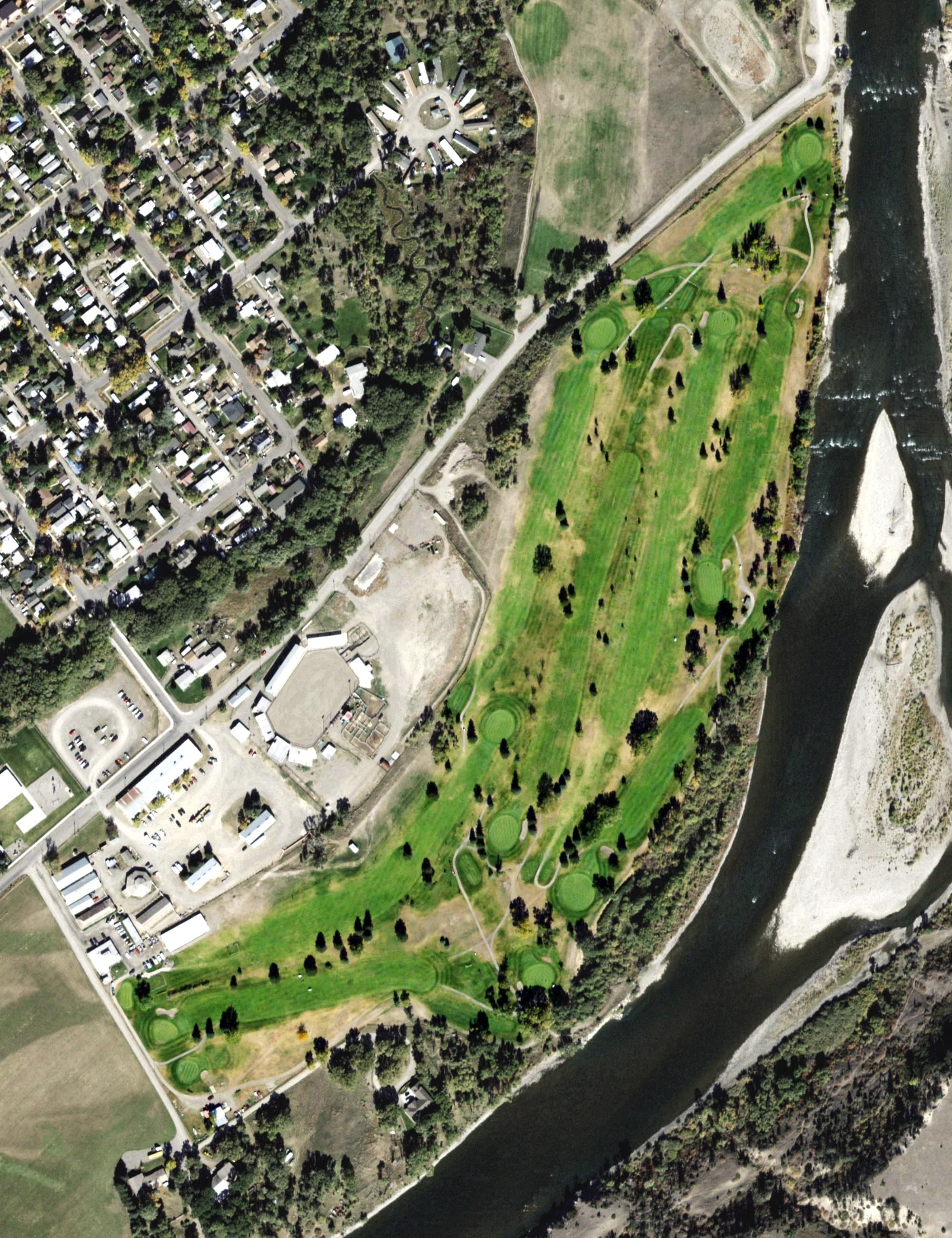 Aerial view of Livingston Golf and Country Club, MT, with its hole routing marked