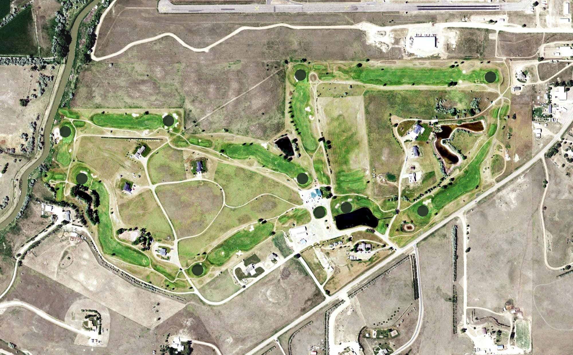 Aerial view of Marian Hills Country Club, MT, with its hole routing marked