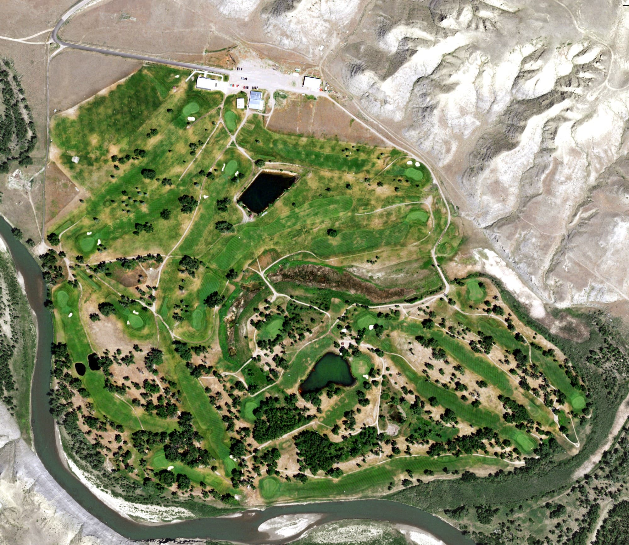 Aerial view of Marias Valley Golf & Country Club, MT, with its hole routing marked