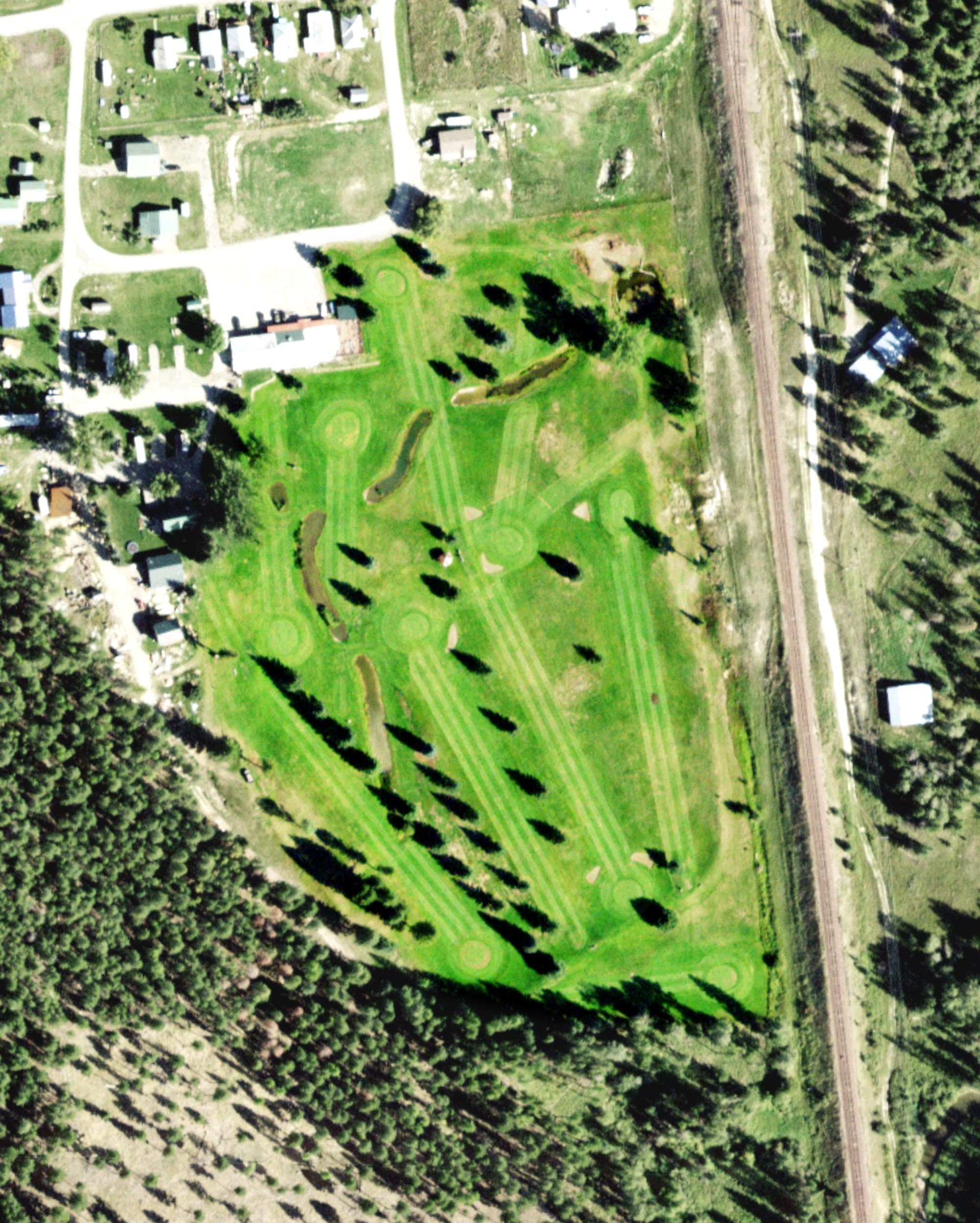 Aerial view of Meadow Creek Golf Course, MT, with its hole routing marked