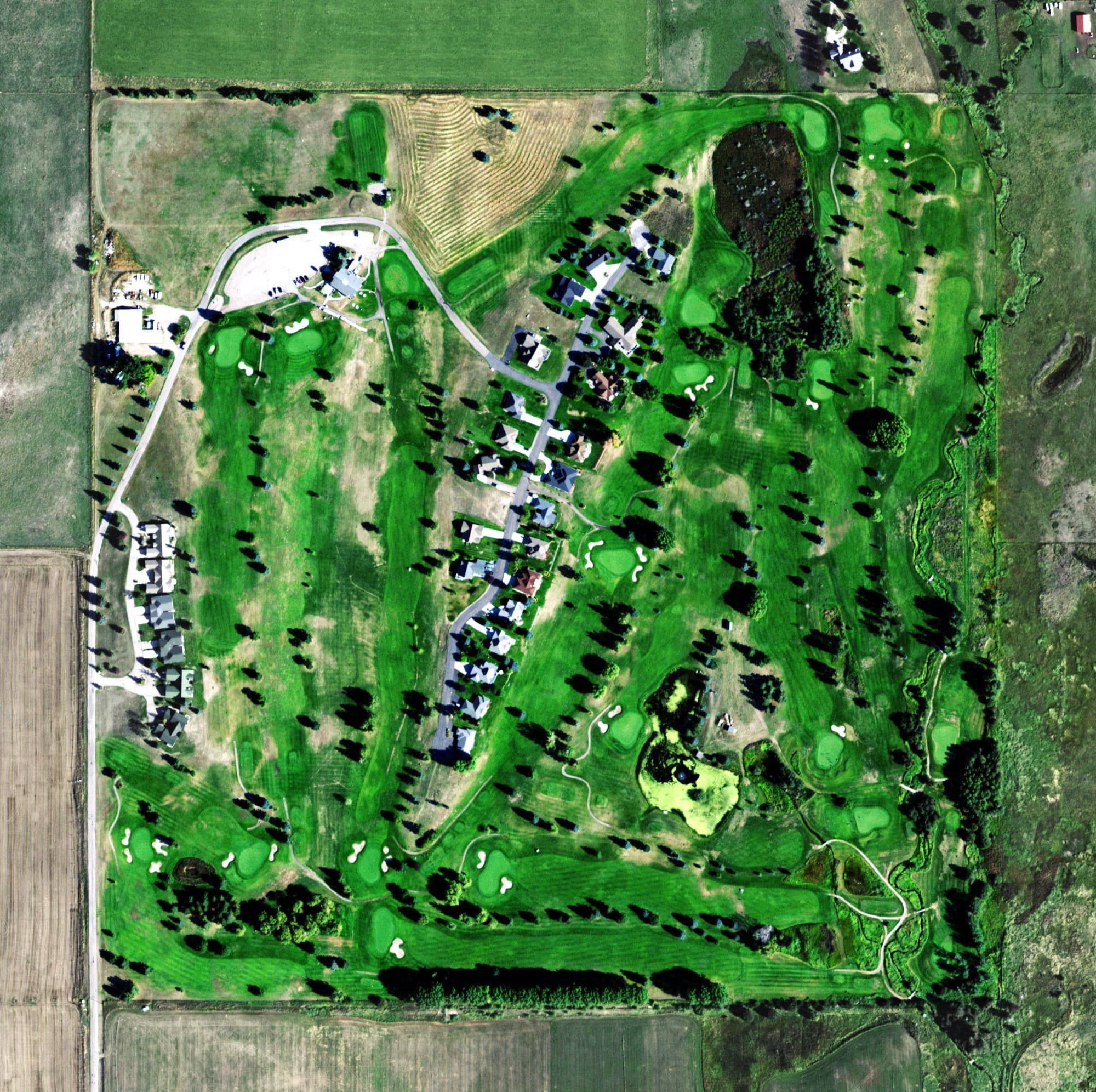 Aerial view of Mission Mountain Golf Club, MT, with its hole routing marked