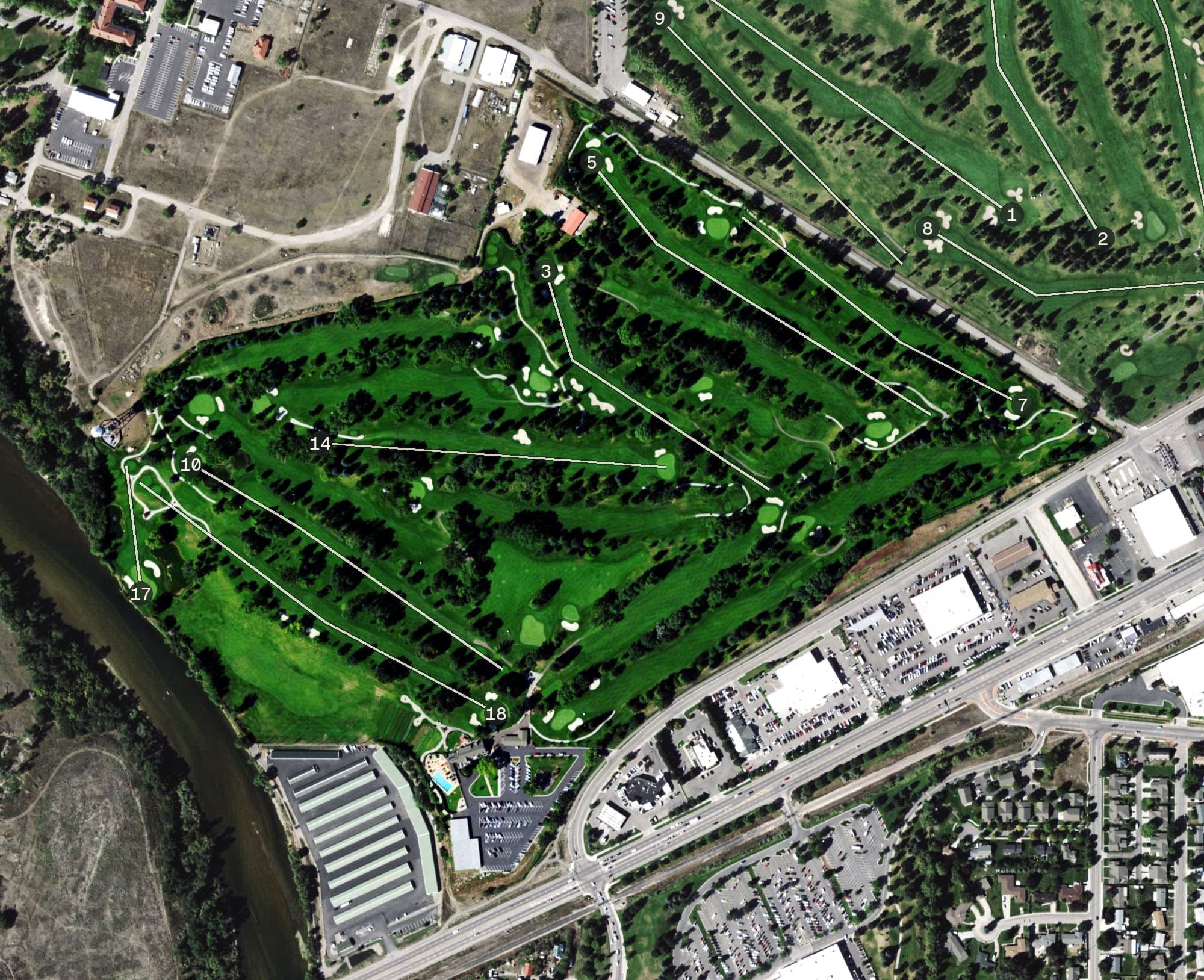 Aerial view of Missoula Country Club, MT, with its hole routing marked