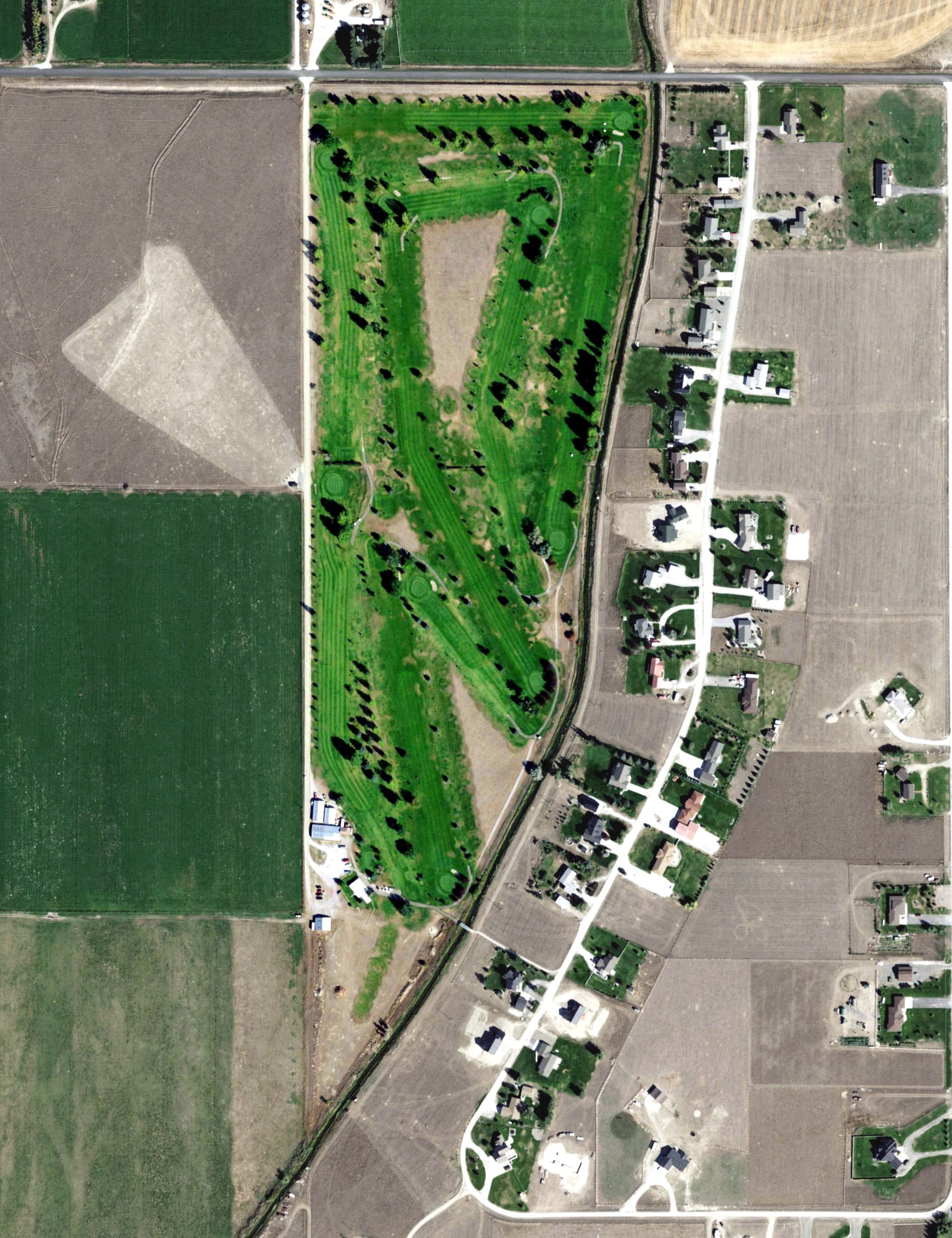 Aerial view of Old Baldy Golf Course, MT, with its hole routing marked