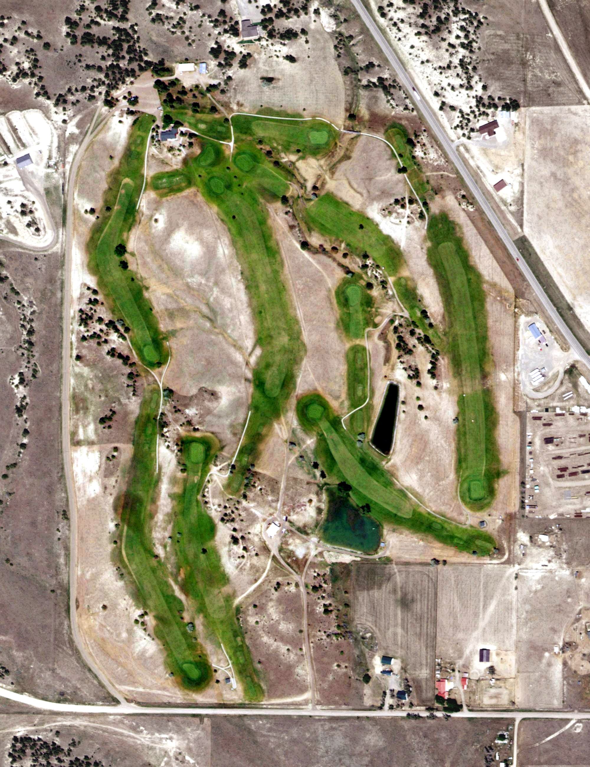 Aerial view of Pine Ridge Golf Club, MT, with its hole routing marked