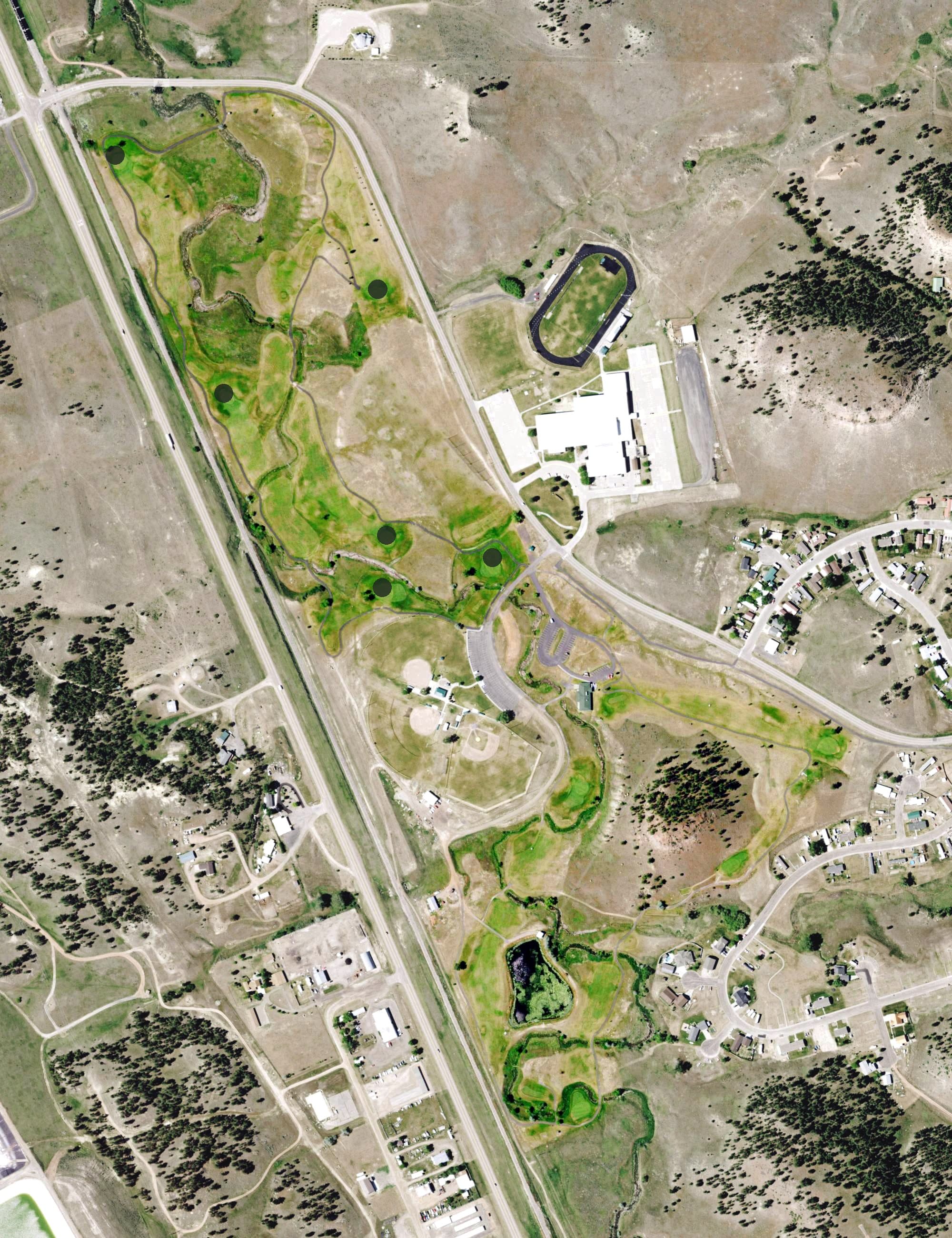 Aerial view of Ponderosa Butte Golf Course, MT, with its hole routing marked