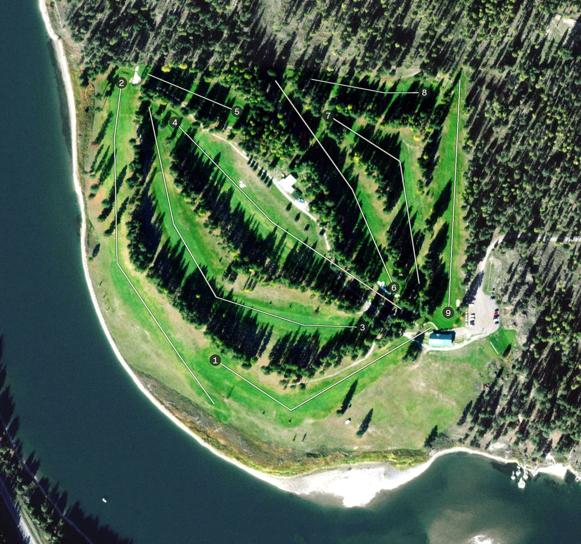 Aerial view of River's Bend Golf Course, MT, with its hole routing marked