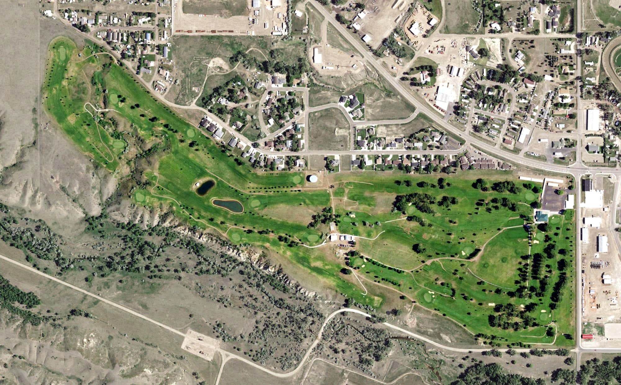 Aerial view of Sidney Country Club, MT, with its hole routing marked