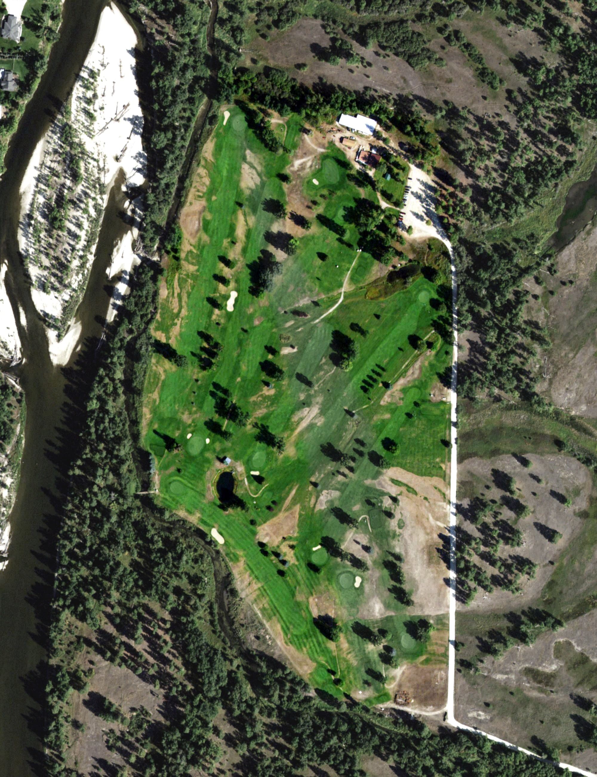Aerial view of Stevensville Golf Course, MT, with its hole routing marked