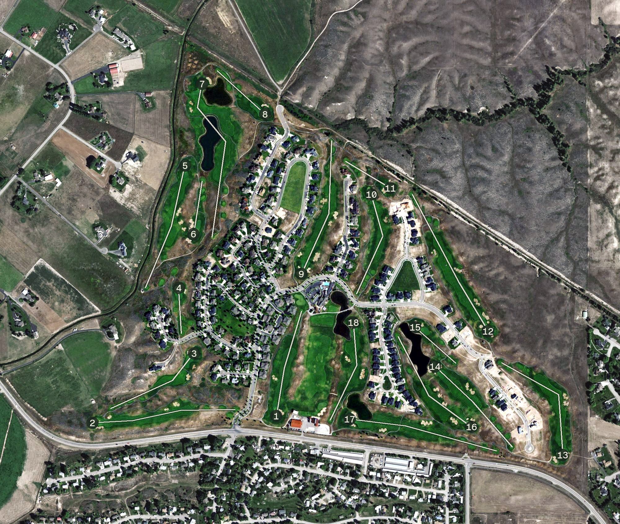 Aerial view of The Ranch Club Golf Course, MT, with its hole routing marked
