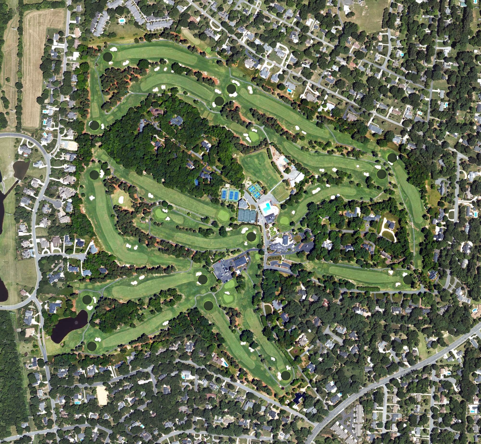 Aerial view of Alamance Country Club, NC, with its hole routing marked