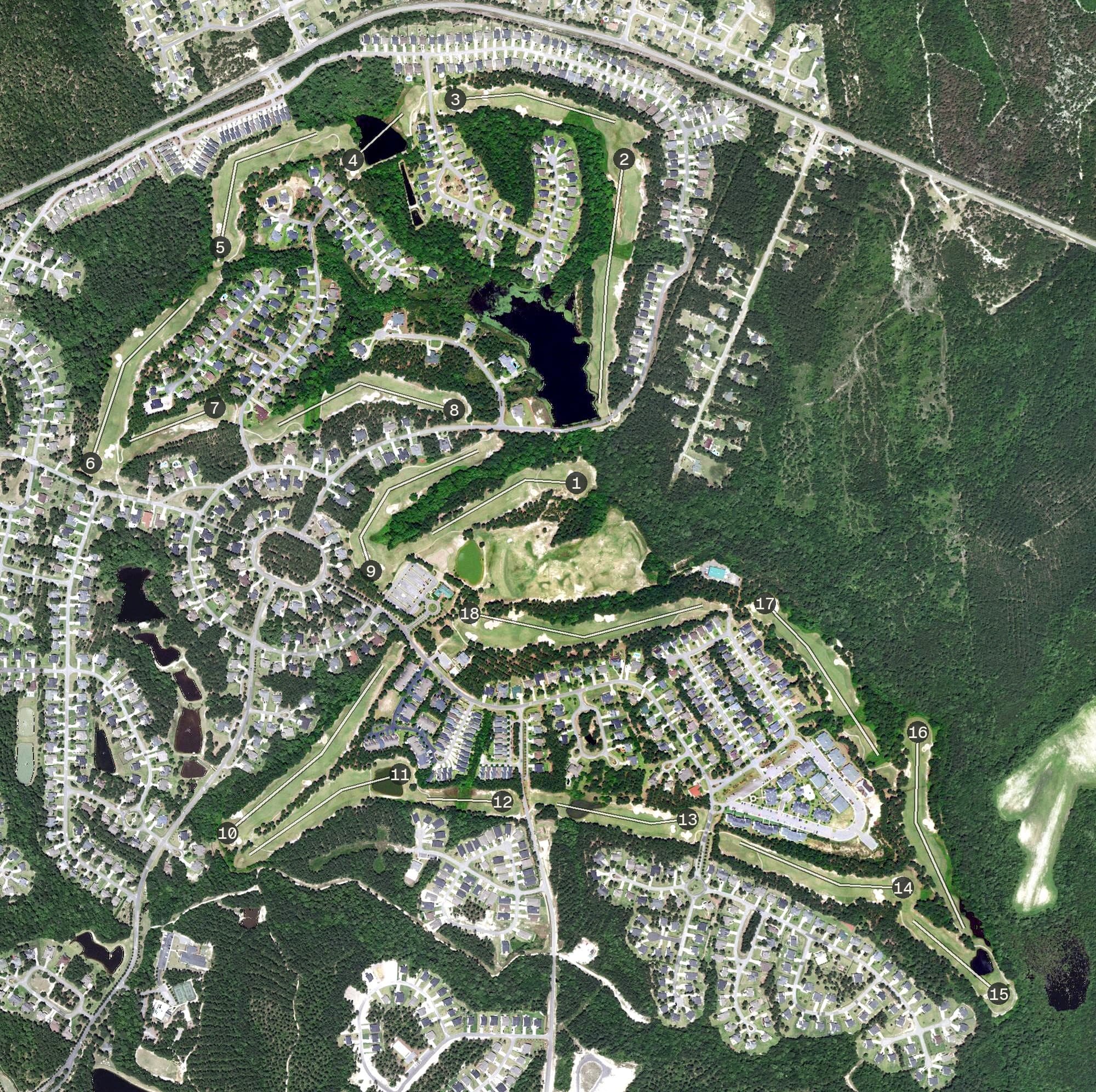 Aerial view of Anderson Creek Club, NC, with its hole routing marked