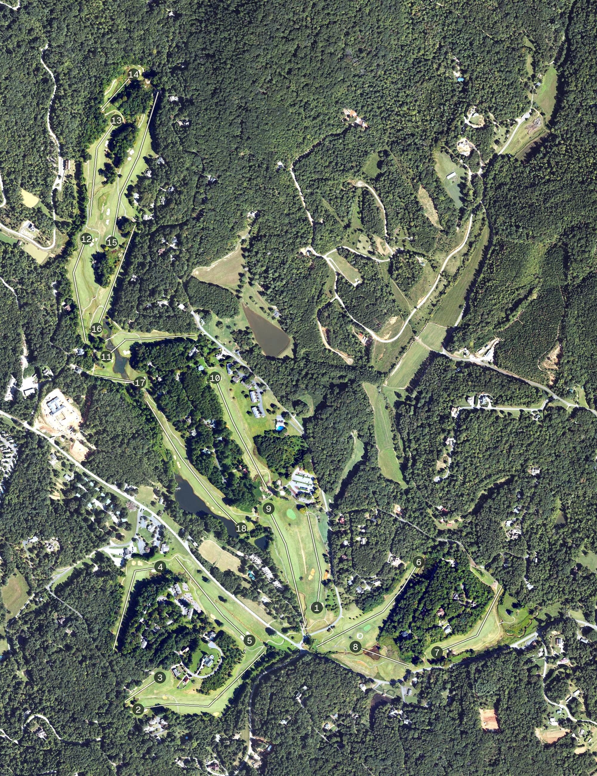 Aerial view of Apple Valley Golf Course, NC, with its hole routing marked