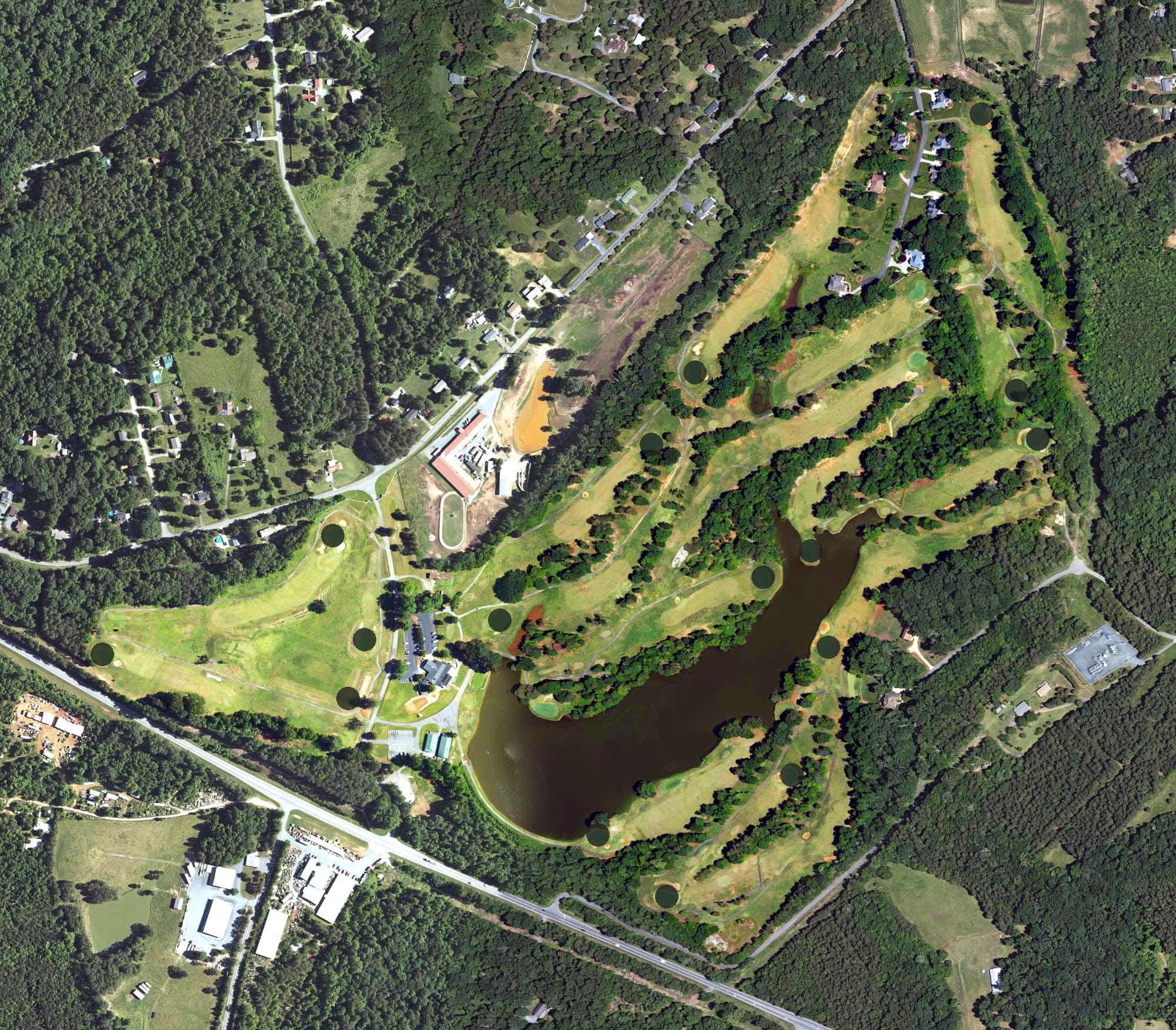 Aerial view of Asheboro Country Club, NC, with its hole routing marked