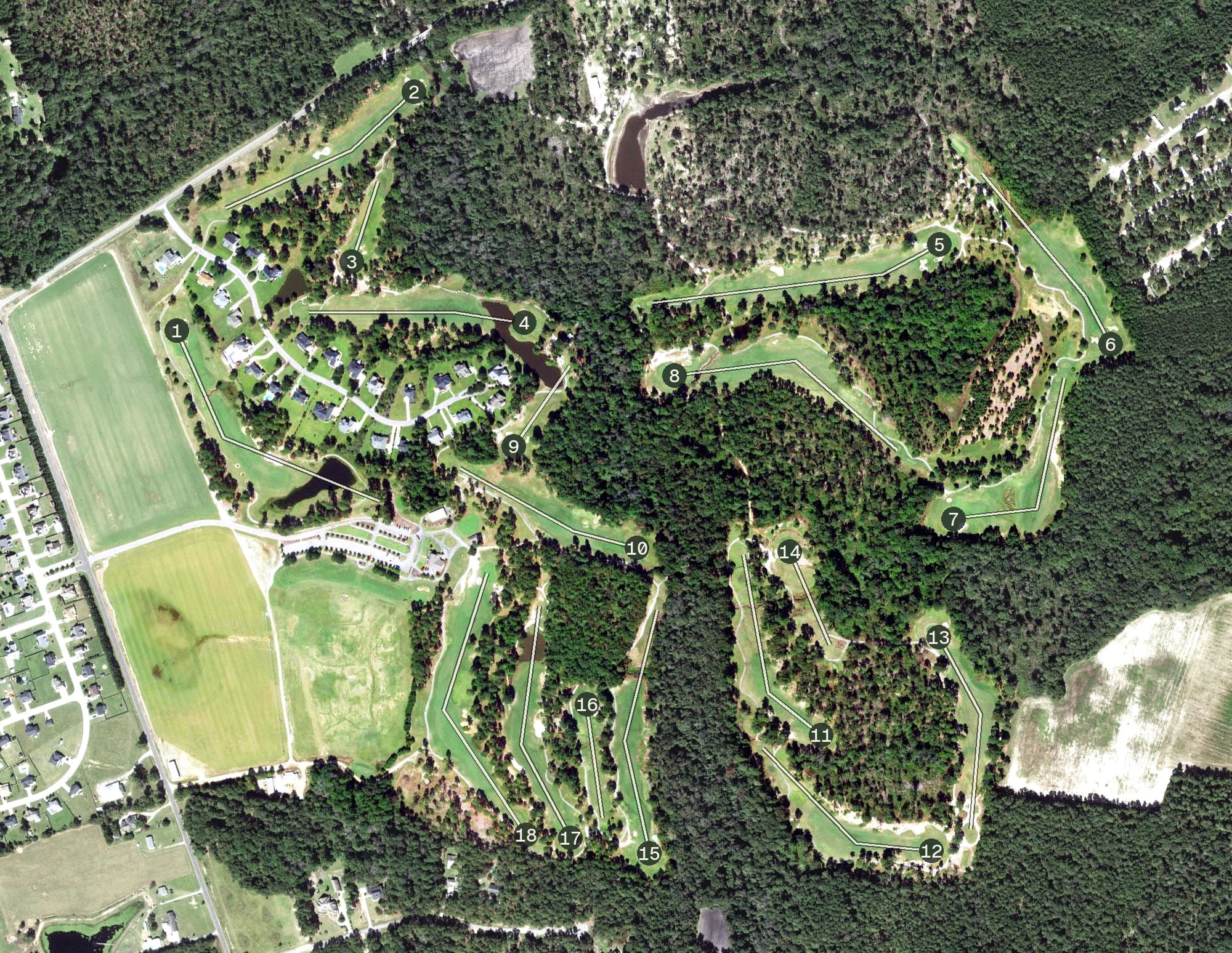 Aerial view of Bayonet at Puppy Creek, NC, with its hole routing marked