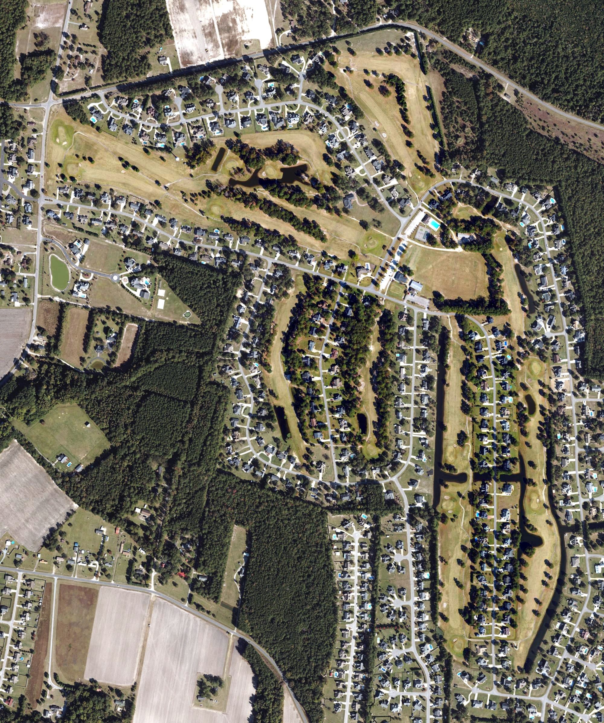 Aerial view of Baywood Golf Club, NC, with its hole routing marked