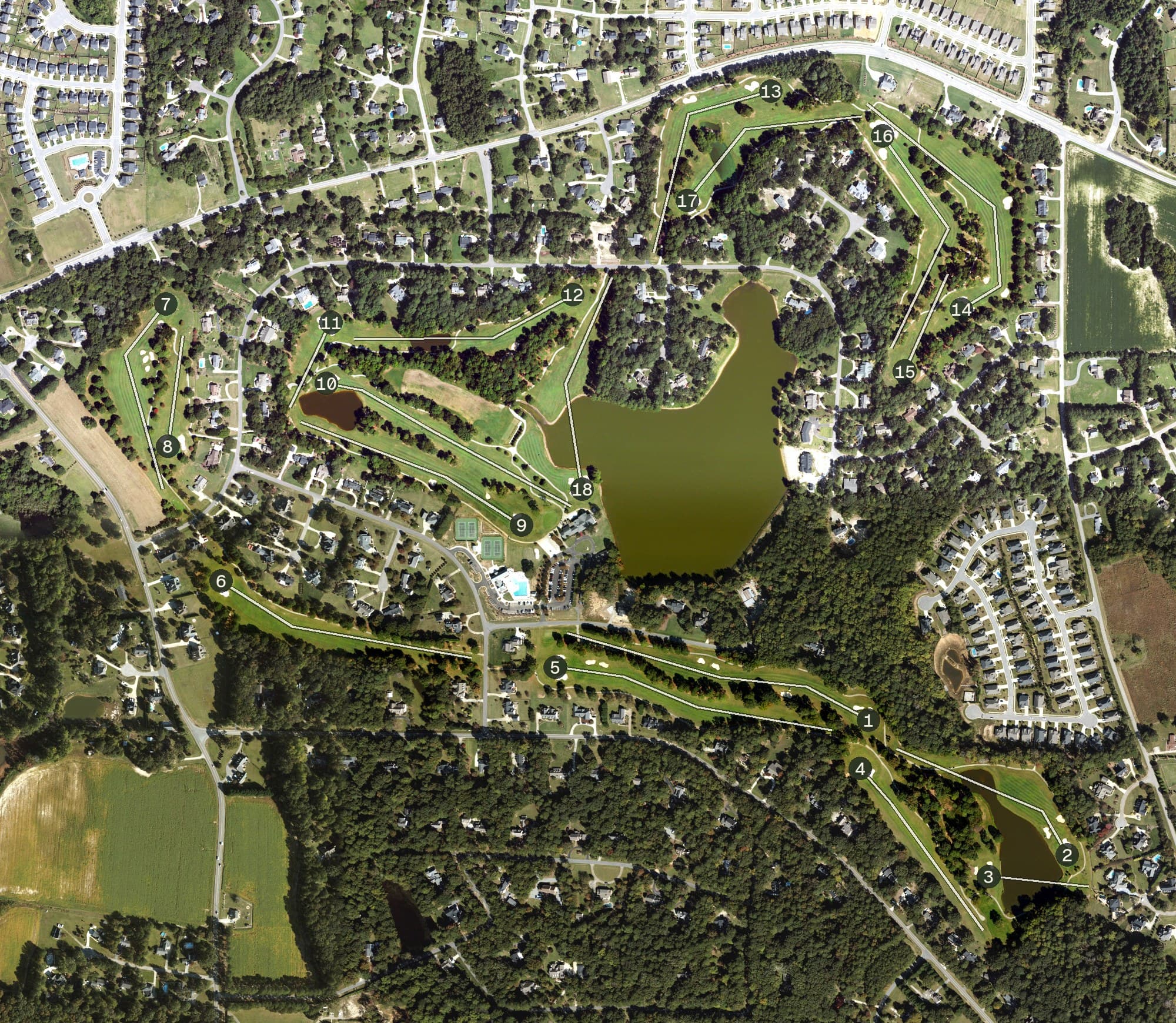 Aerial view of Bentwinds Country Club, NC, with its hole routing marked