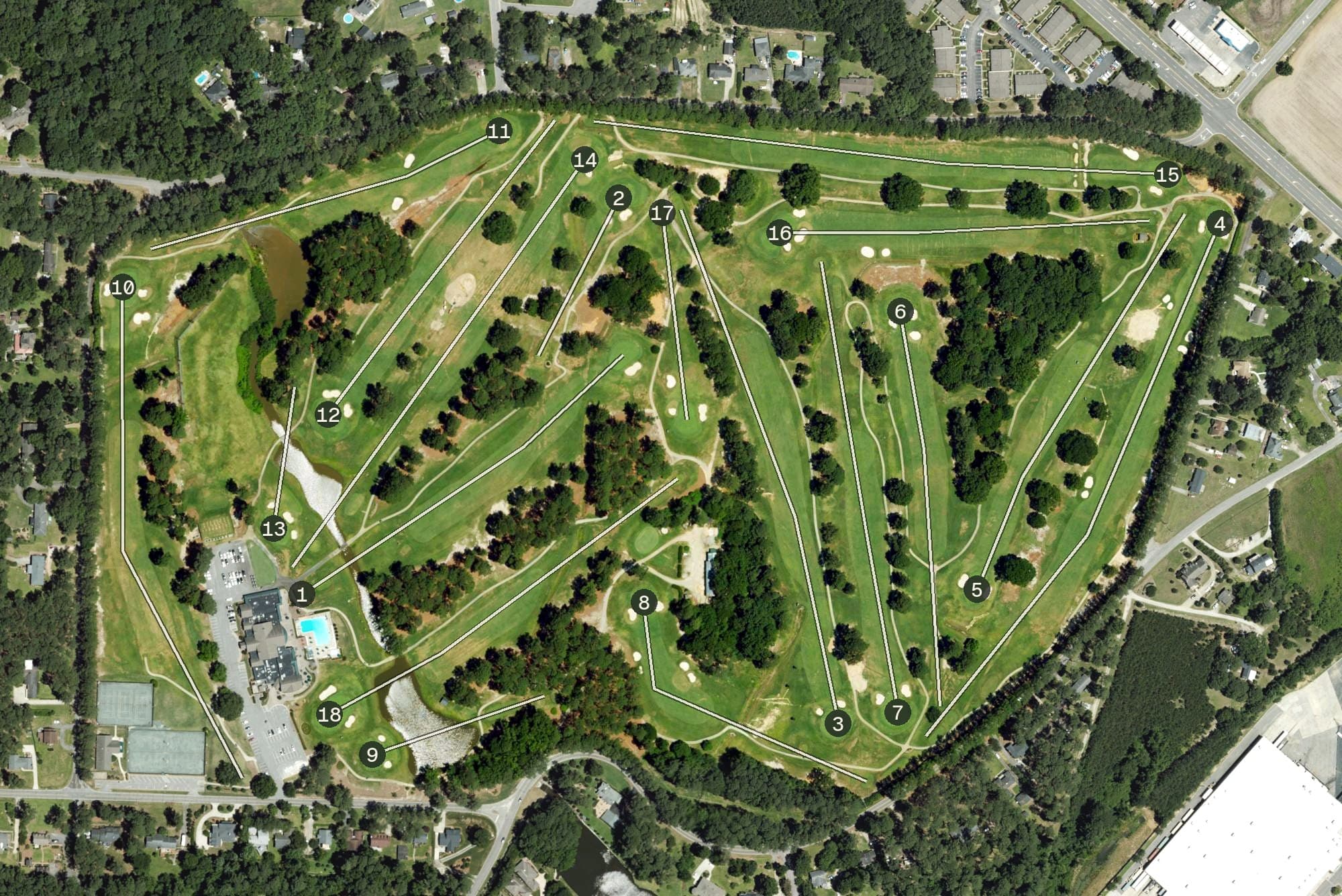 Aerial view of Benvenue Country Club Course, NC, with its hole routing marked