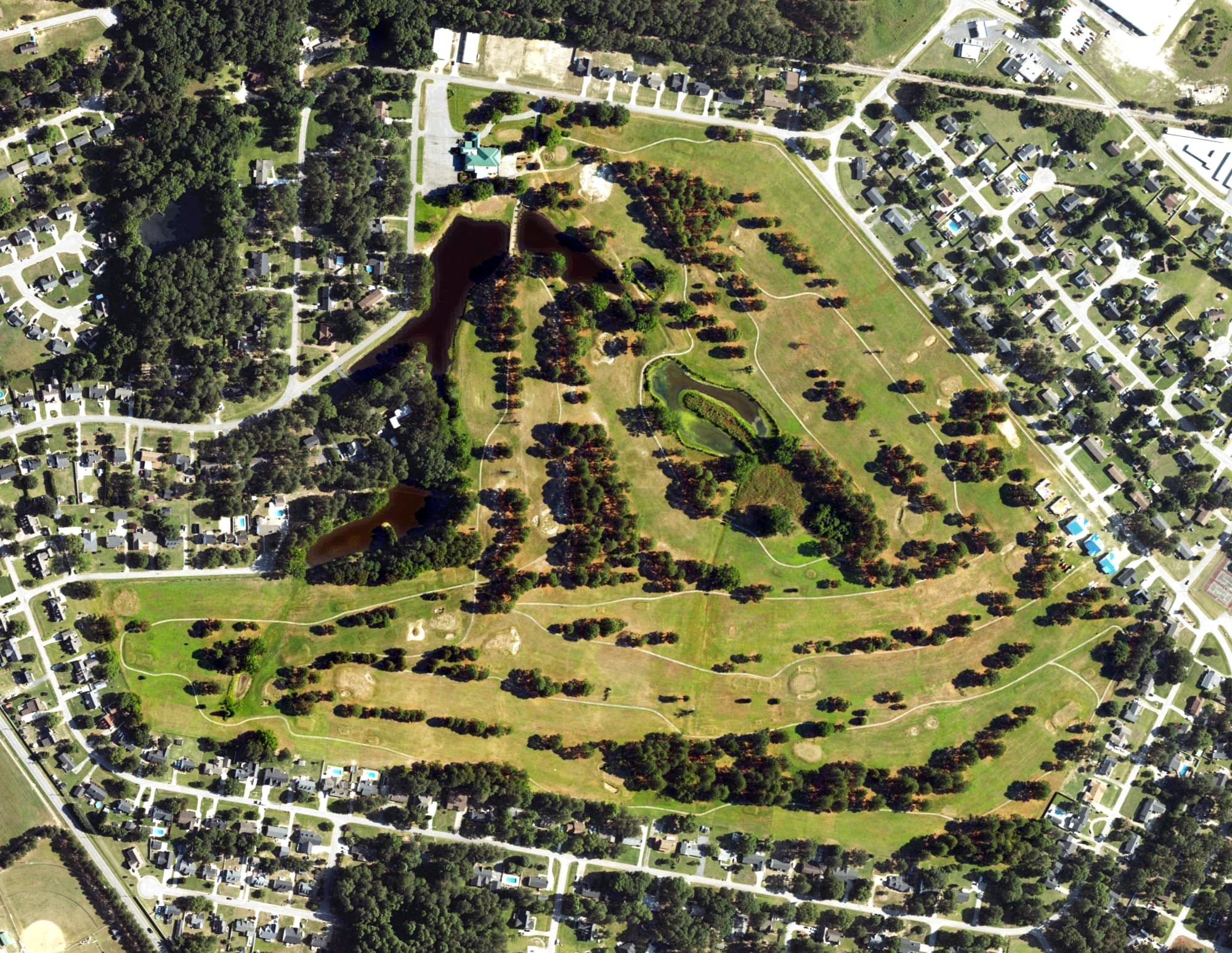 Aerial view of Birchwood Country Club, NC, with its hole routing marked