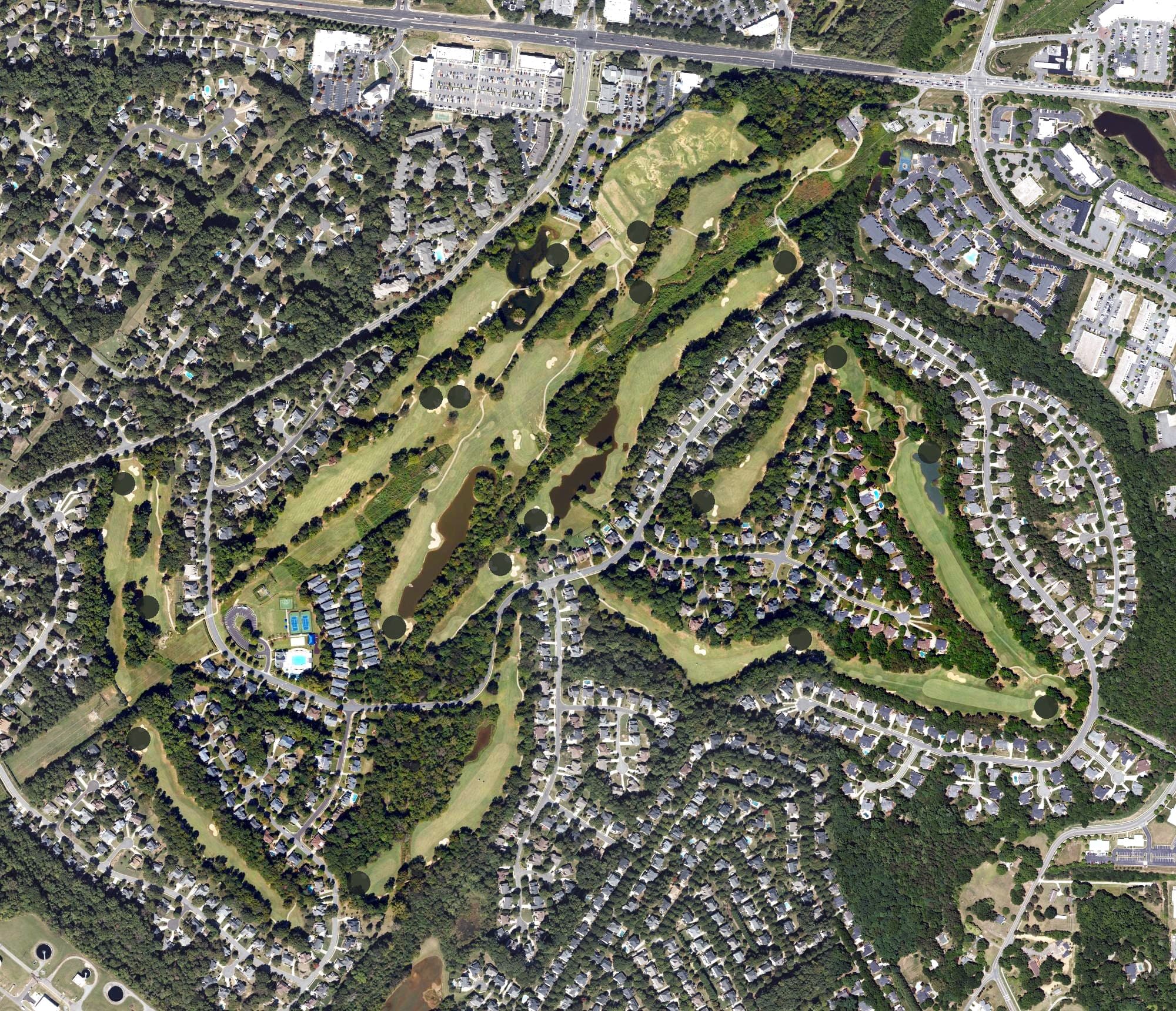 Aerial view of Birkdale Golf Club, NC, with its hole routing marked