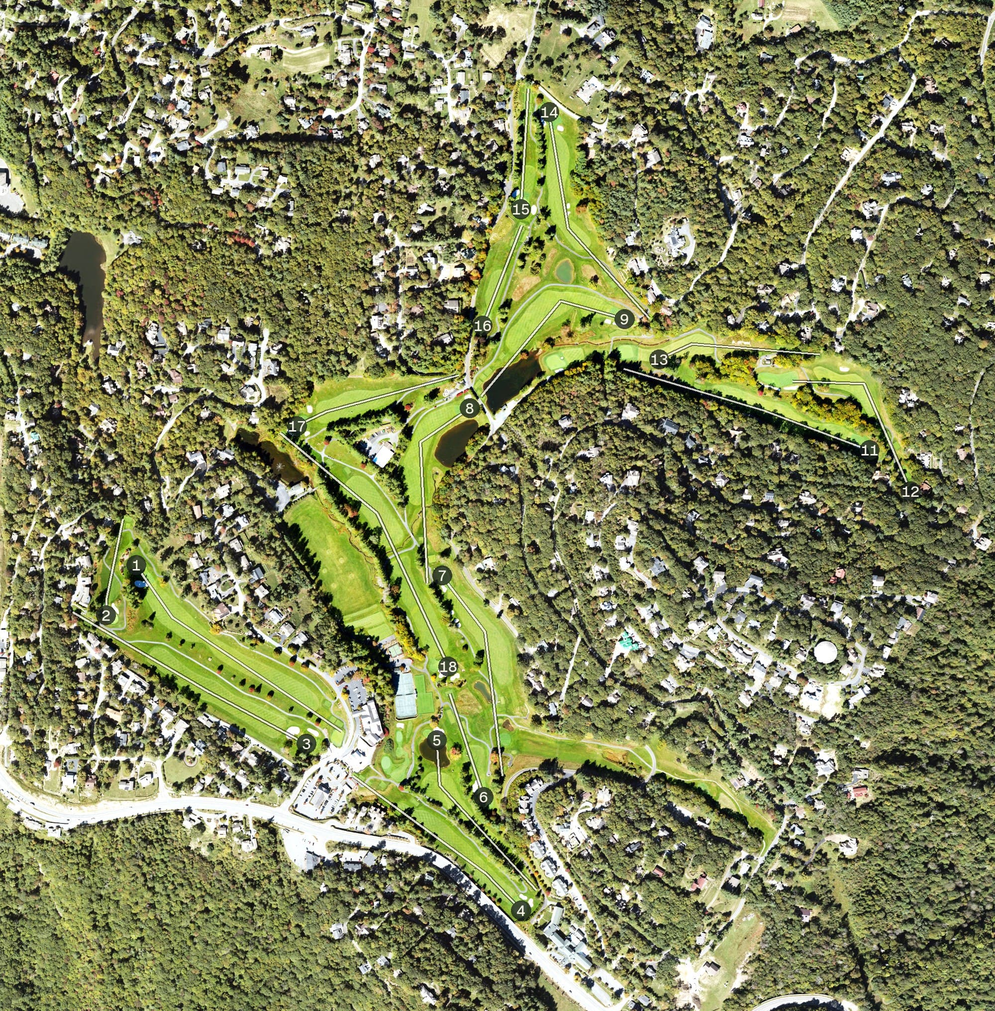 Aerial view of Blowing Rock Country Club, NC, with its hole routing marked