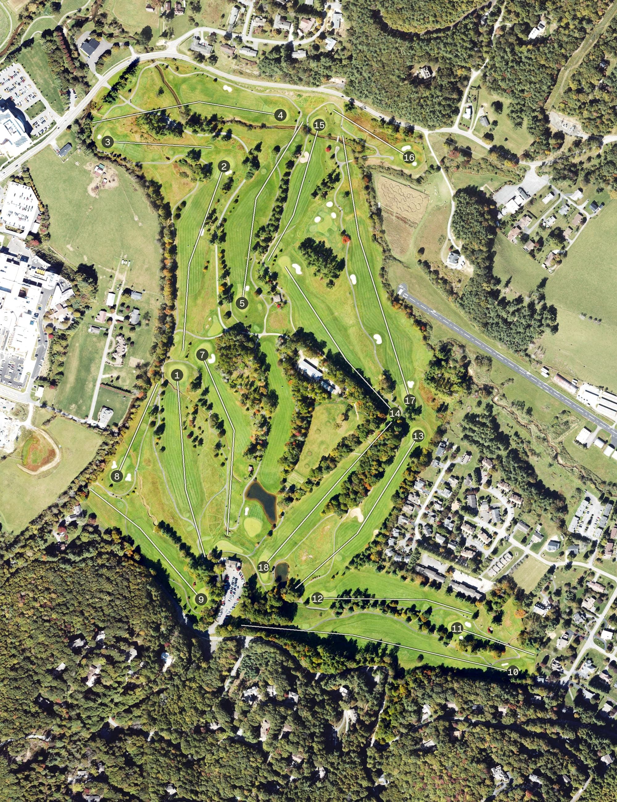 Aerial view of Boone Golf Club, NC, with its hole routing marked