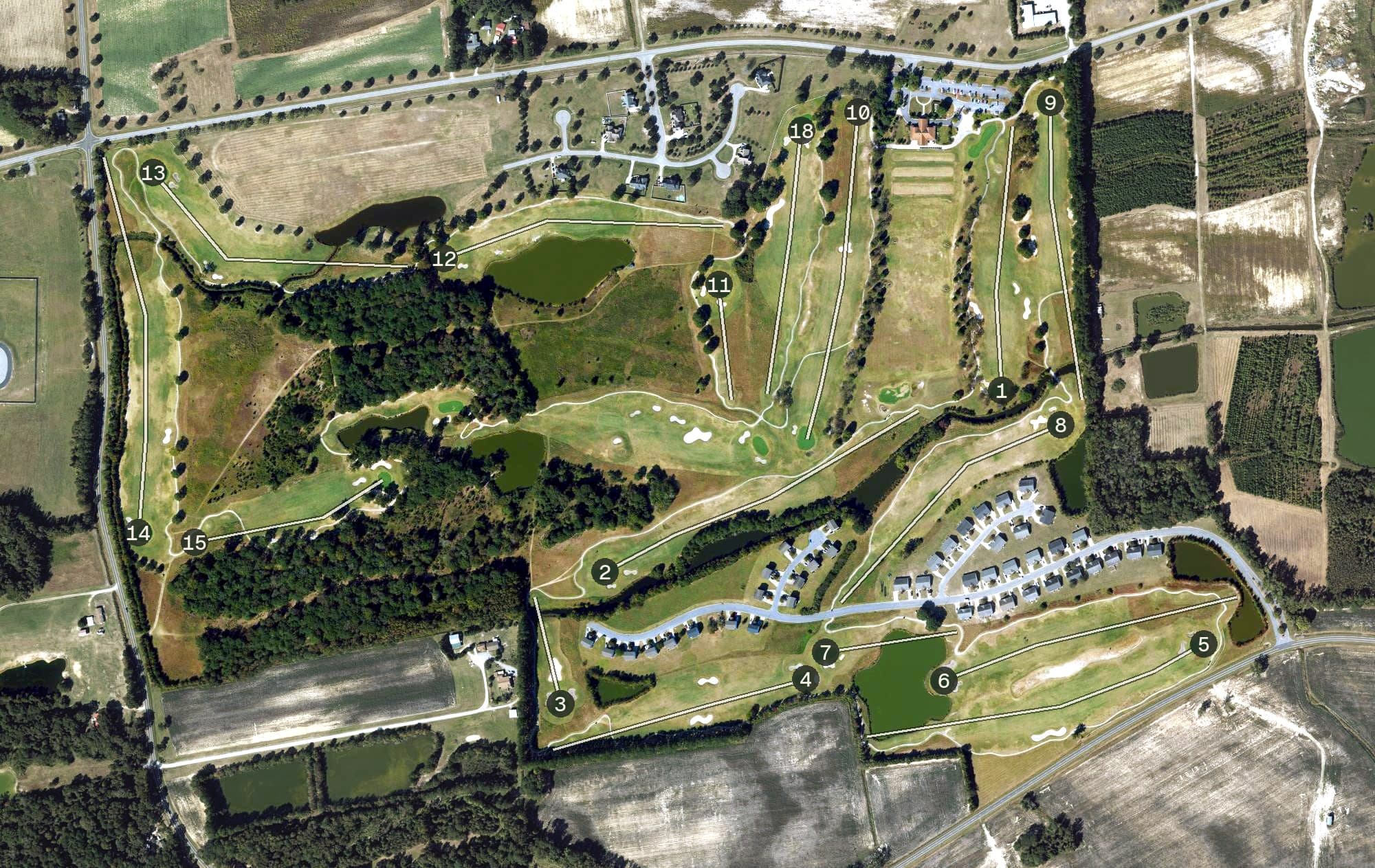 Aerial view of Bradford Creek Public Golf Course, NC, with its hole routing marked